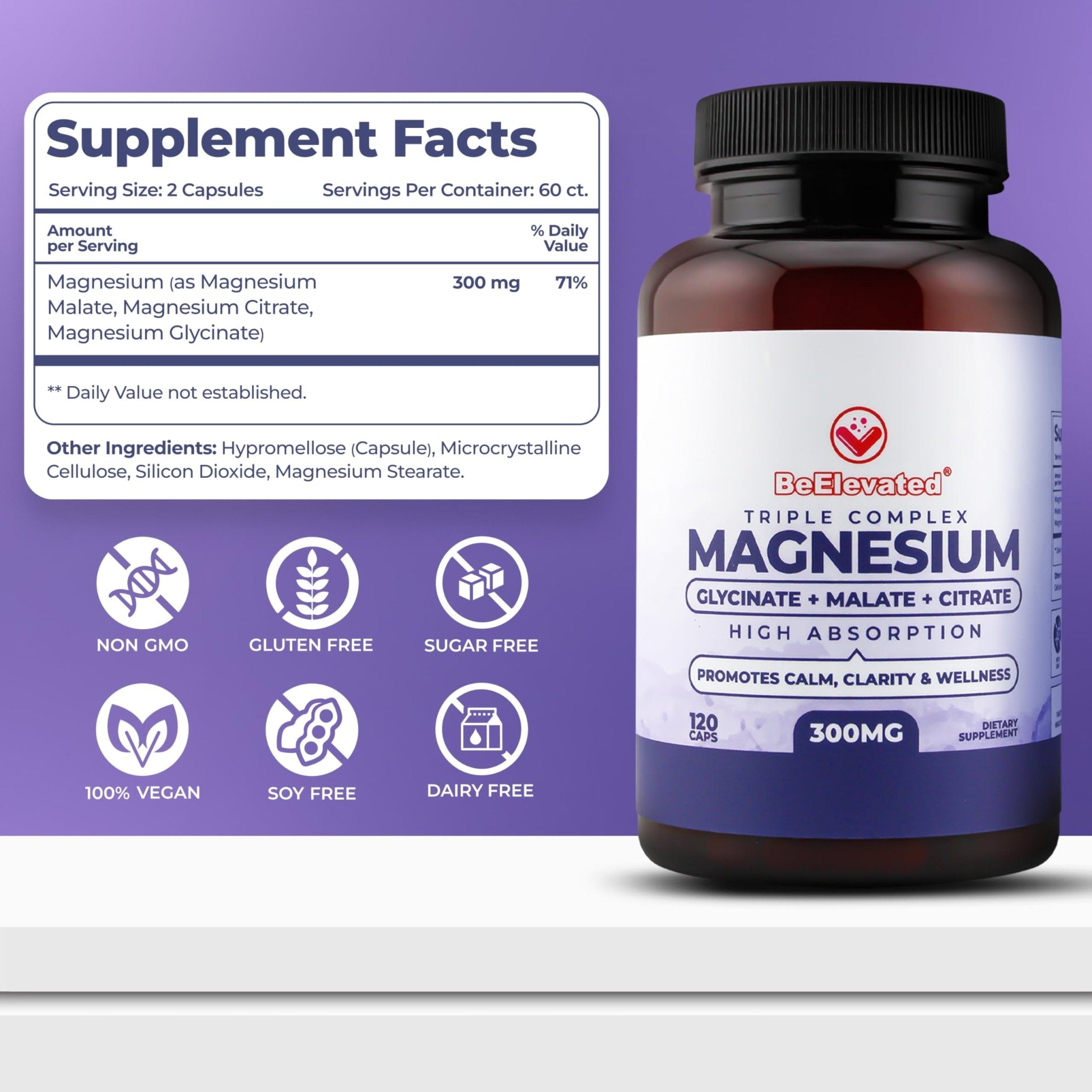 BeElevated High Absorption Triple Magnesium Complex for Sleep, Relaxation & Muscle Support – 300mg of Magnesium Glycinate, Citrate & Malate - TrustMedUSA