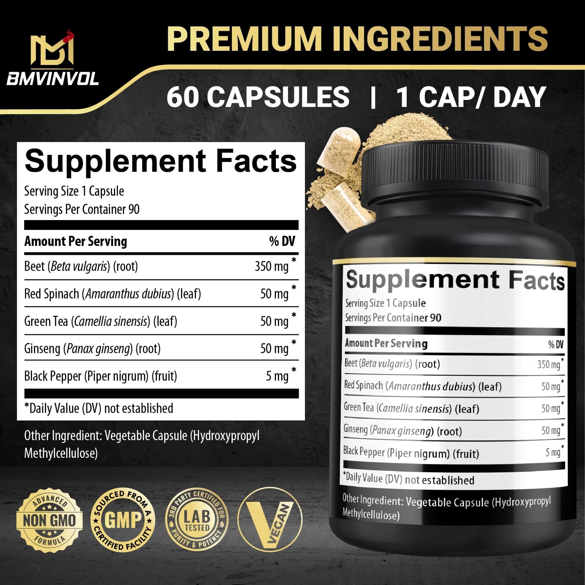 Beet Root Capsules - Green Tea, Red Spinach, Ginseng, Black Pepper - 90 Count - Supports Digestive, Immune System, Energy Levels - 3 Month Supply - TrustMedUSA