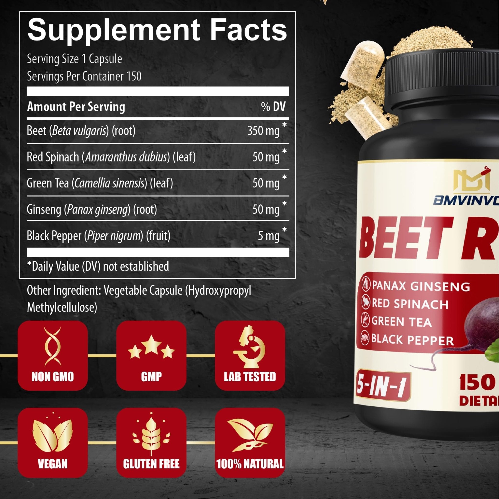 Beet Root, Green Tea, Red Spinach, Ginseng, Black Pepper - 150 Capsules - Supports Digestive, Immune System, Energy Levels - 5 Month Supply - TrustMedUSA
