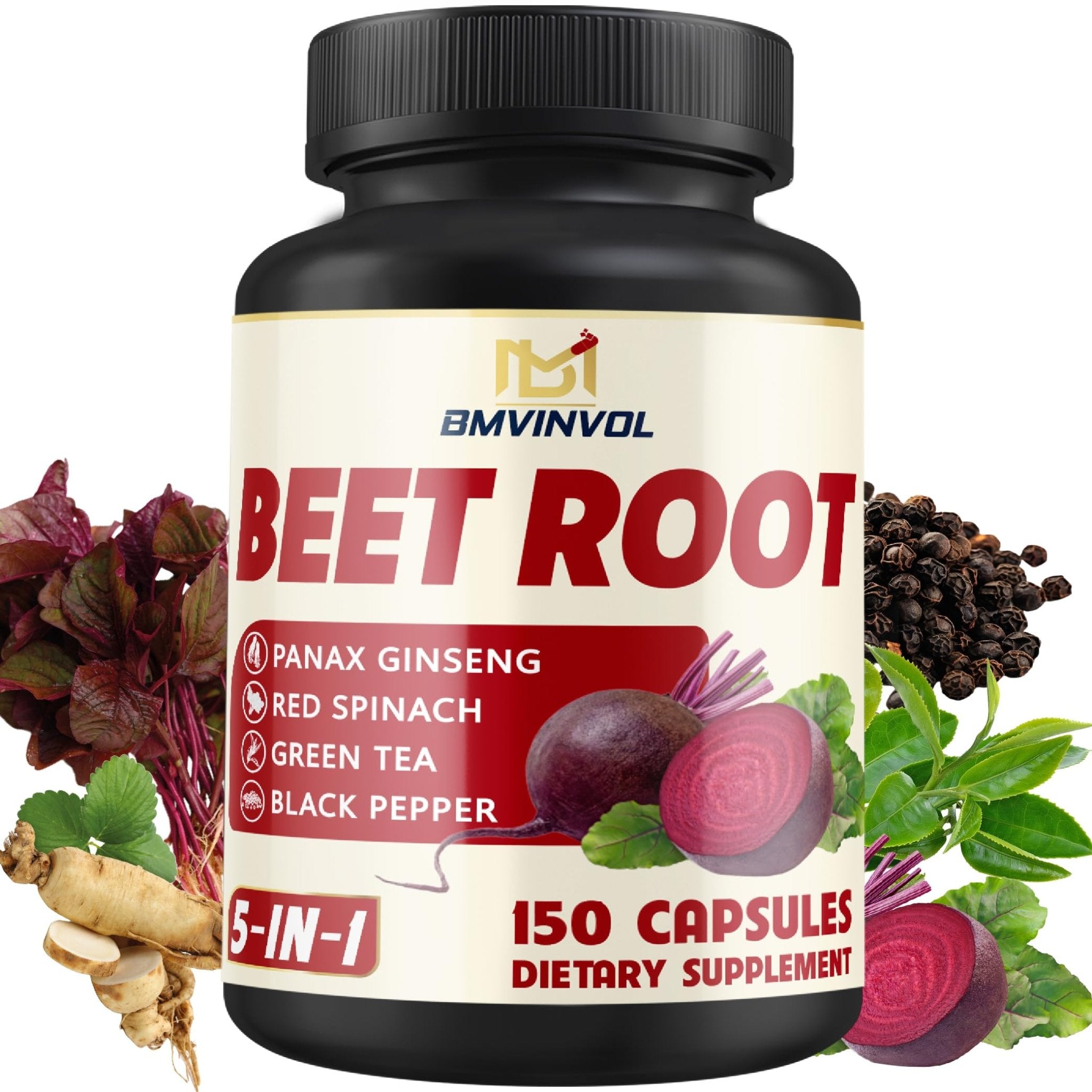 Beet Root, Green Tea, Red Spinach, Ginseng, Black Pepper - 150 Capsules - Supports Digestive, Immune System, Energy Levels - 5 Month Supply - TrustMedUSA