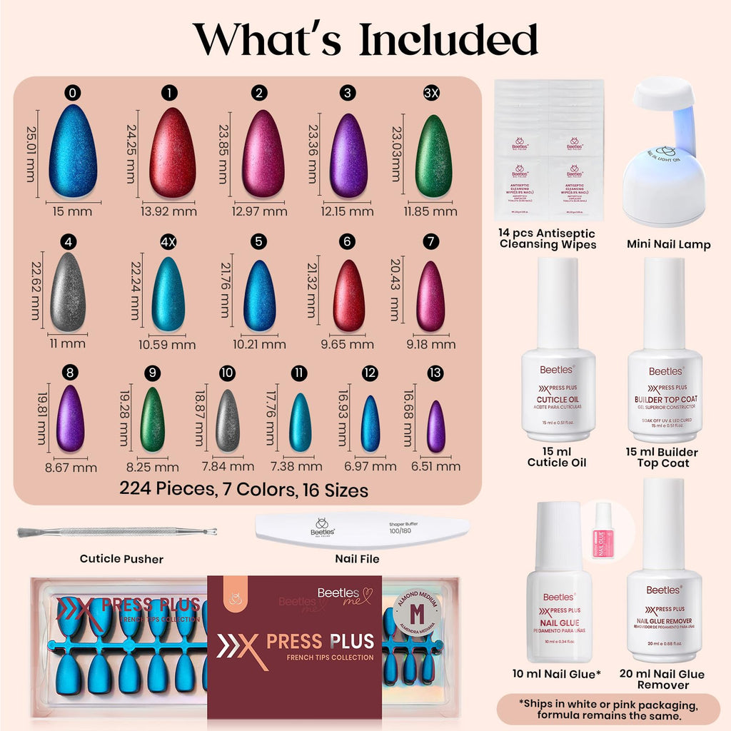 Beetles Cat Eye Nails Kit - Enchanted Aurora | 7 Colors Cat Eye Press On Nails Medium Almond | 224Pcs 16 Sizes All-in-One Kit With Nail Glue,Remover,Builder Top Coat,Nail Lamp Gift - TrustMedUSA