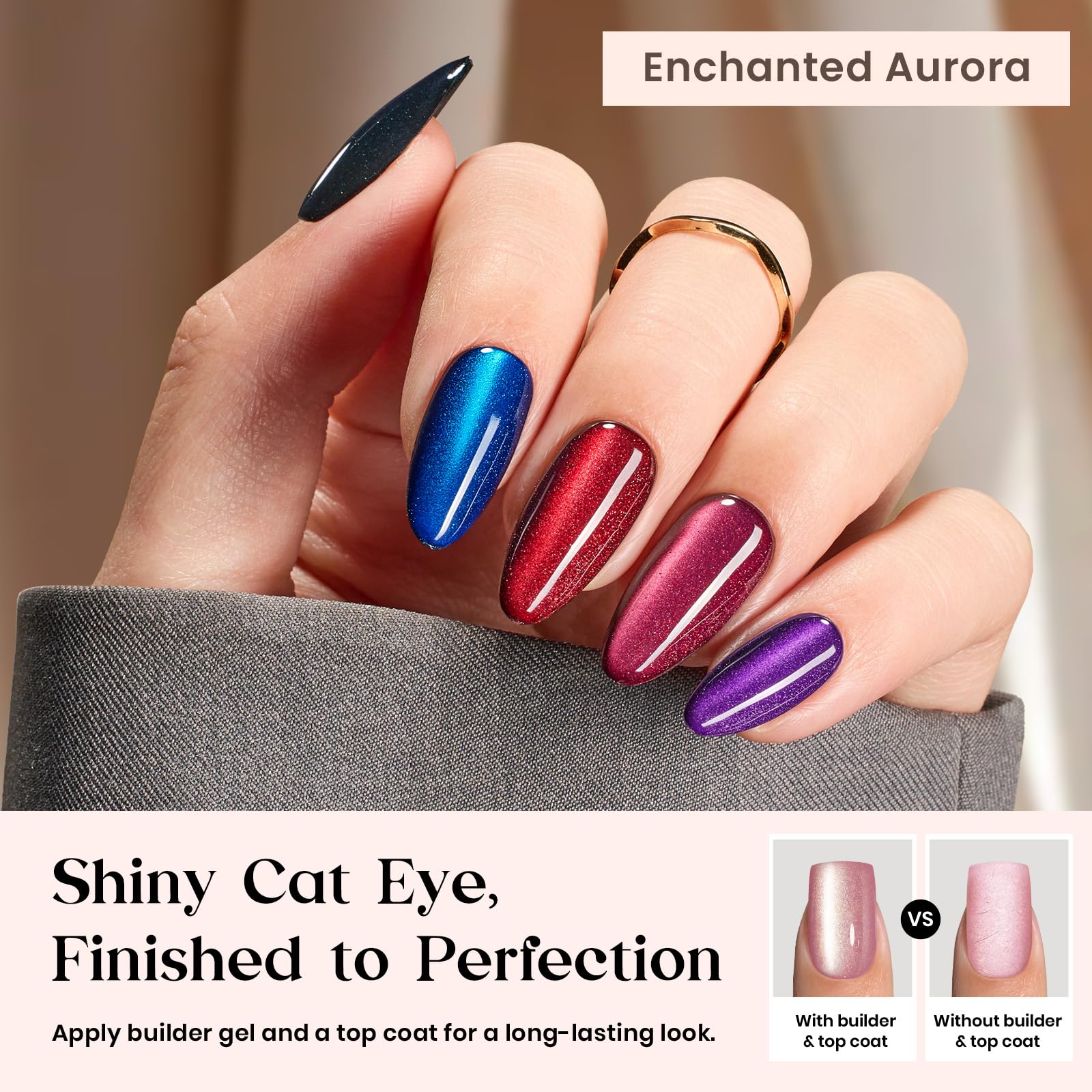 Beetles Cat Eye Nails Kit - Enchanted Aurora | 7 Colors Cat Eye Press On Nails Medium Almond | 224Pcs 16 Sizes All-in-One Kit With Nail Glue,Remover,Builder Top Coat,Nail Lamp Gift - TrustMedUSA