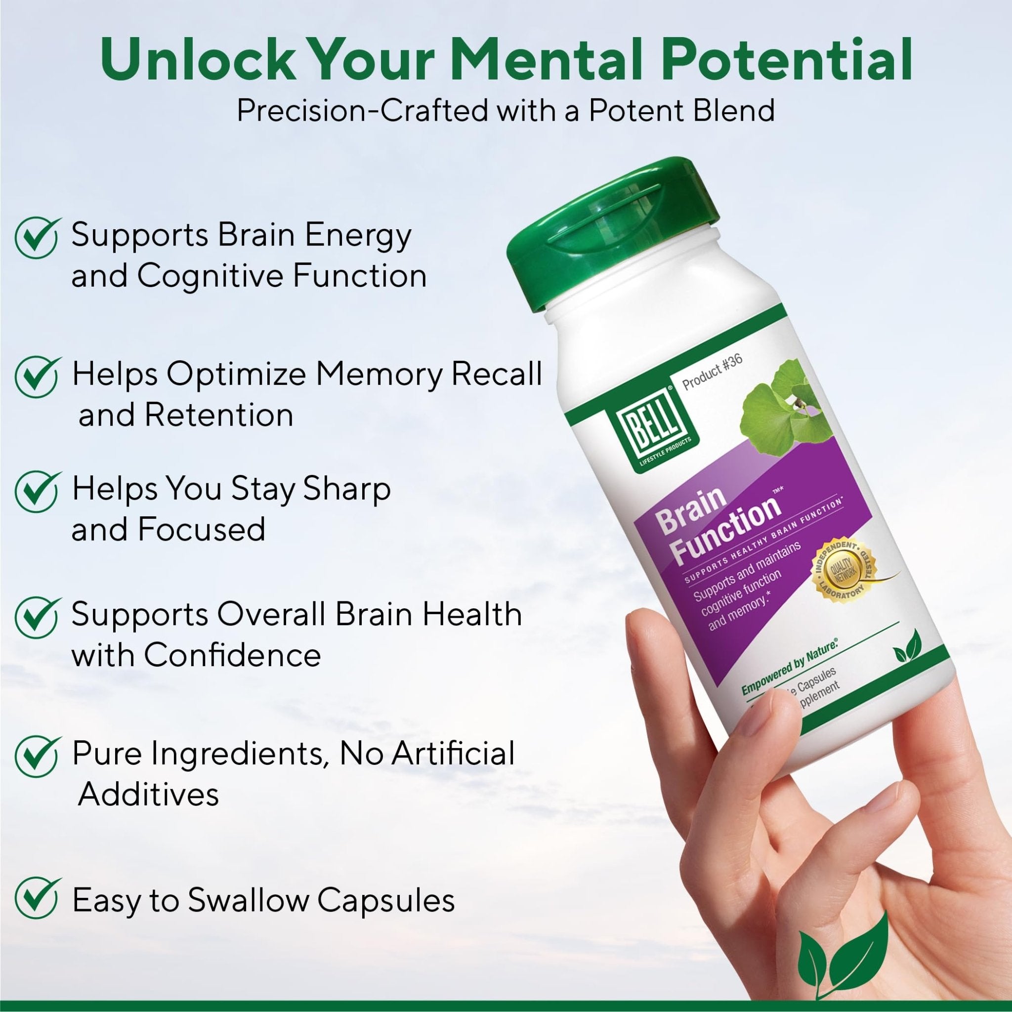 Bell Brain Function Lifestyle, Supports Cognitive Health with Ginkgo, Vitamin B12, Folate - 60 Vegetarian Capsules - TrustMedUSA