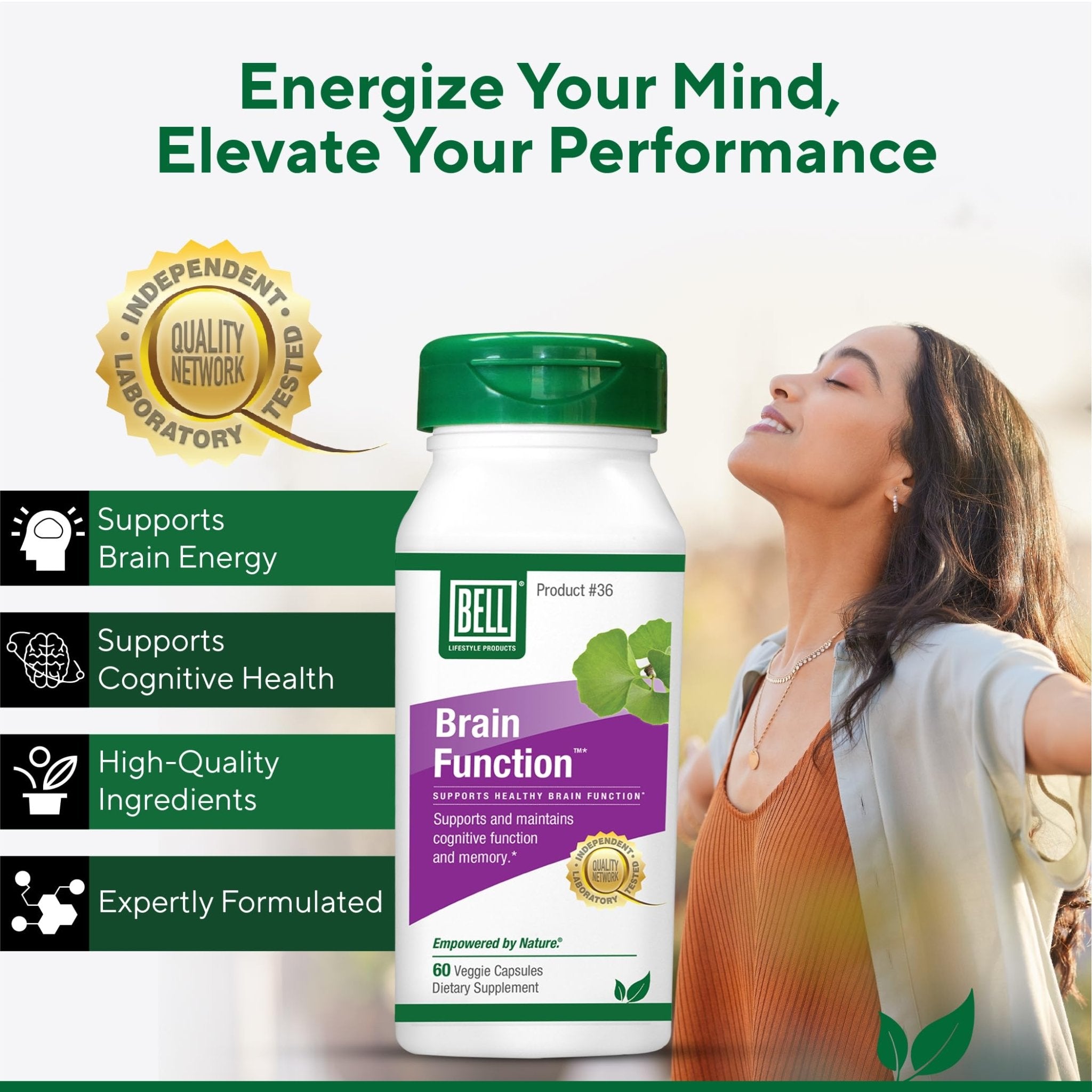 Bell Brain Function Lifestyle, Supports Cognitive Health with Ginkgo, Vitamin B12, Folate - 60 Vegetarian Capsules - TrustMedUSA