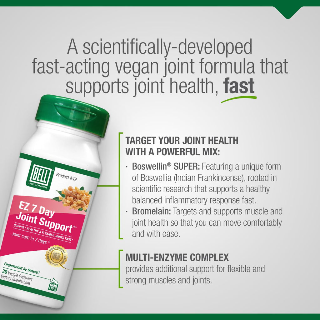 Bell EZ 7 Day Joint Support ™ -Fast-Acting, Once-Daily Joint Health Supplement – Helps Relieve Knee Pain, Swelling & Supports Muscle Recovery – Vegan – 30 Capsules - TrustMedUSA