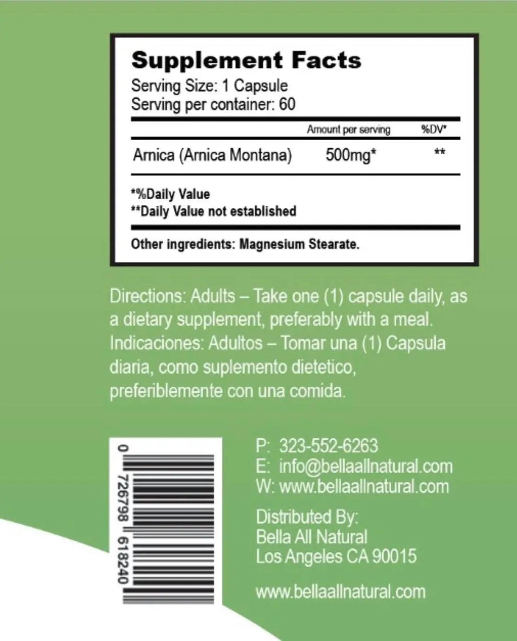 Bella All Natural Arnica Capsules 500 mg, 60 Count - TrustMedUSA