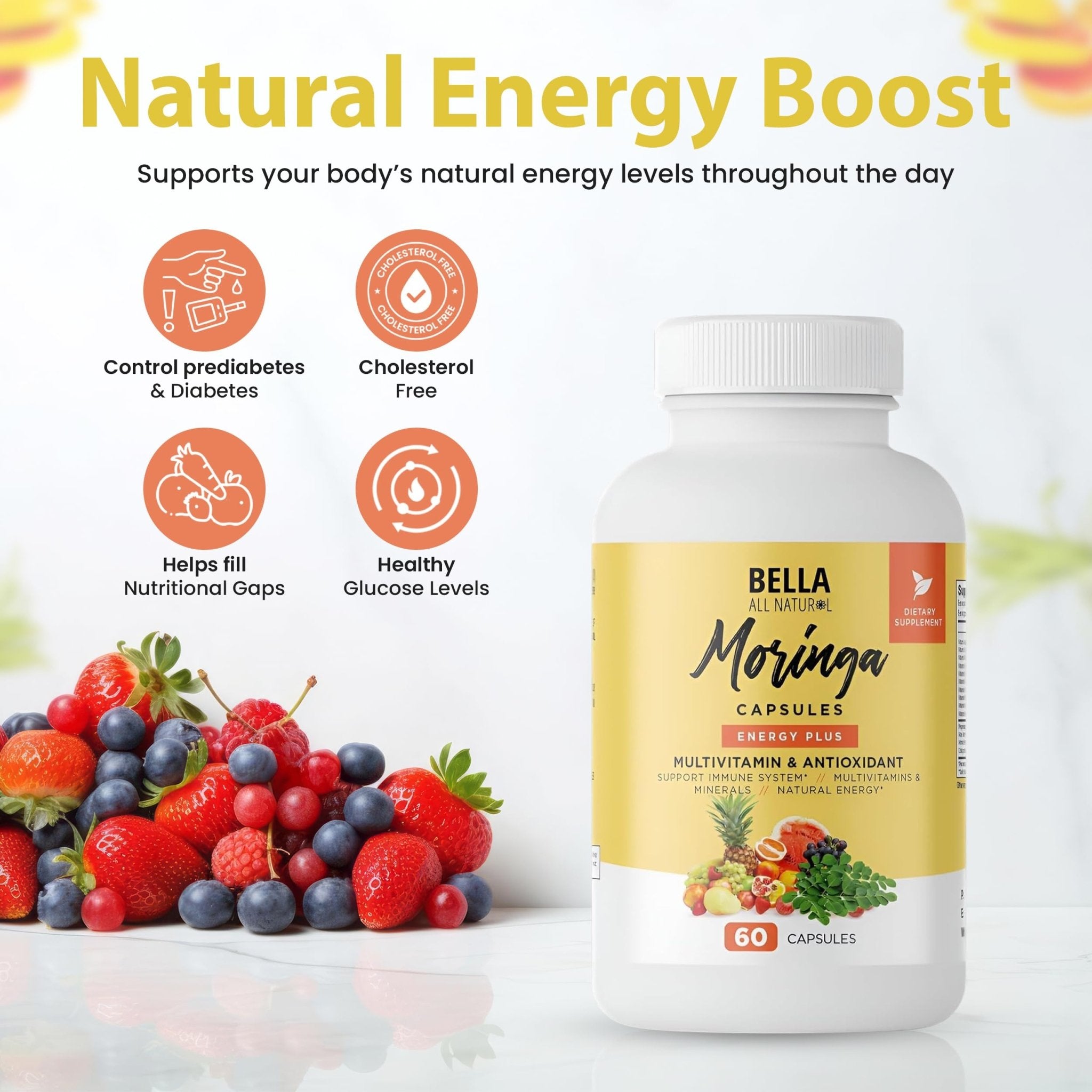 Bella All Natural Moringa Capsules 60 Count - Moringa Oleifera Leaf Supplement with Pomegranate & Elderberry Flavor, Pure Organic Moringa Capsules for Immune, Energy & Skin Health Support - TrustMedUSA