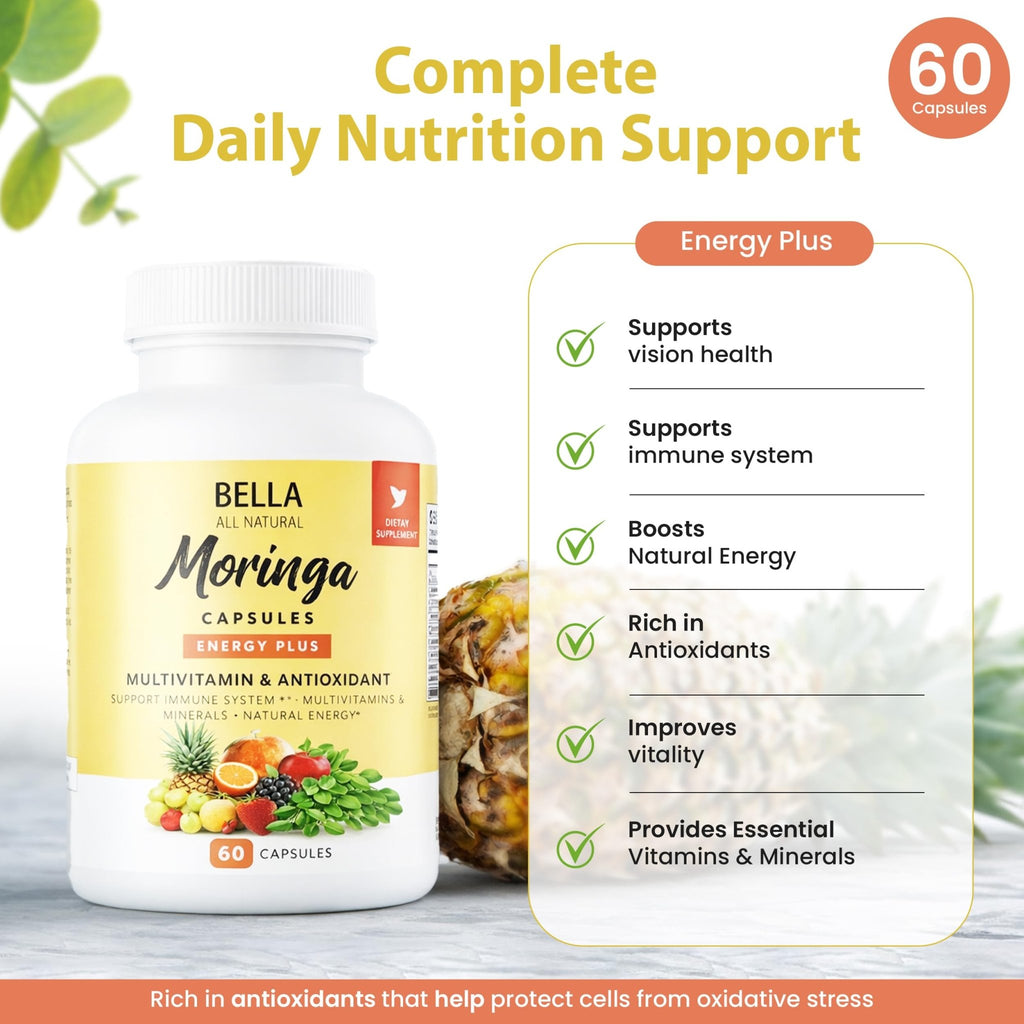 Bella All Natural Moringa Capsules 60 Count - Moringa Oleifera Leaf Supplement with Pomegranate & Elderberry Flavor, Pure Organic Moringa Capsules for Immune, Energy & Skin Health Support - TrustMedUSA