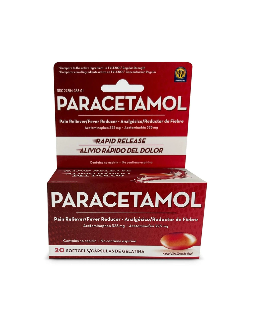 Belmora Paracetamol Acetaminophen 325mg 20 Softgels for Pain Relief, Liquid Filled Capsules for Rapid Release, Fever Reducer for Adults Extra Strength - TrustMedUSA