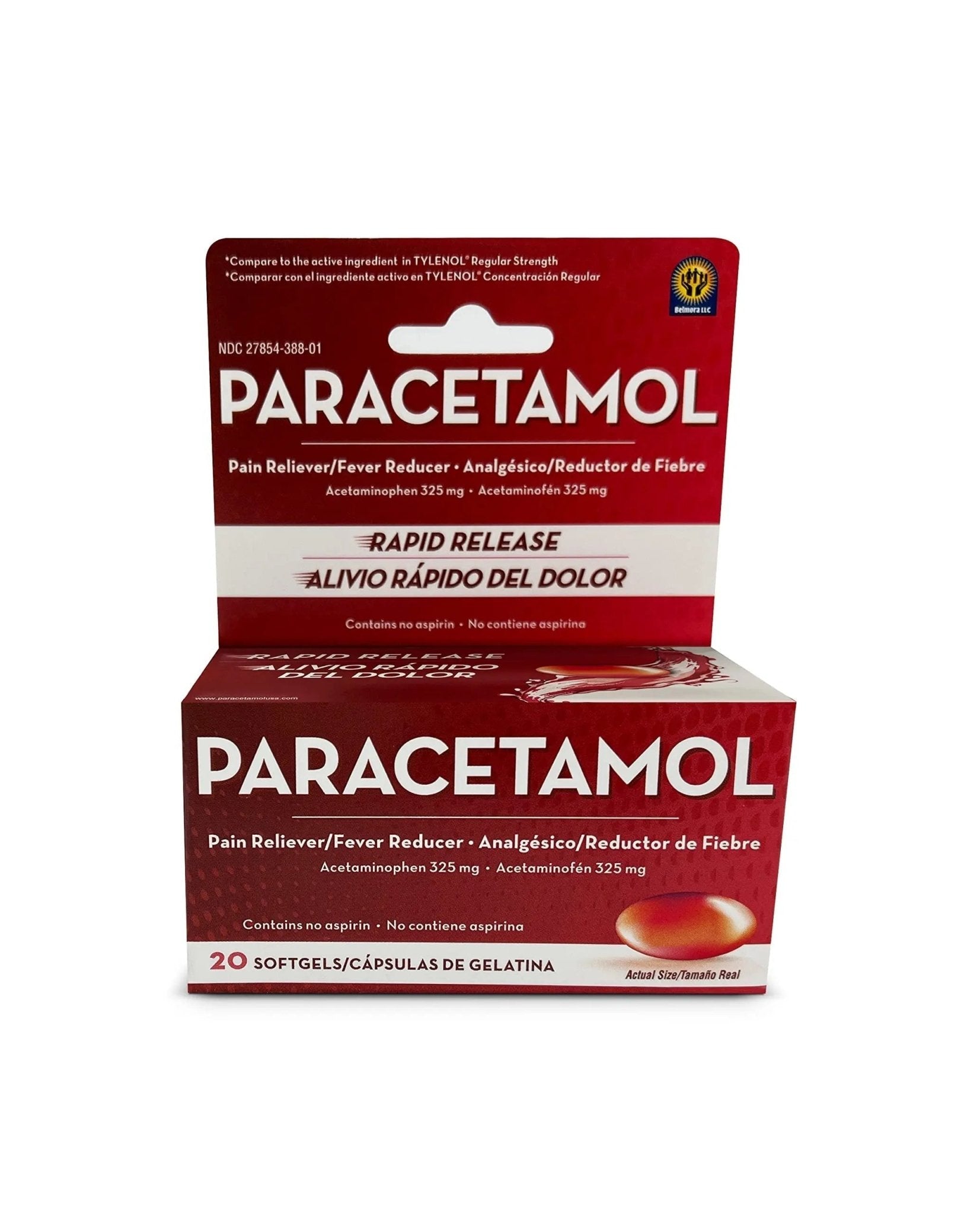 Belmora Paracetamol Acetaminophen 325mg 20 Softgels for Pain Relief, Liquid Filled Capsules for Rapid Release, Fever Reducer for Adults Extra Strength - TrustMedUSA