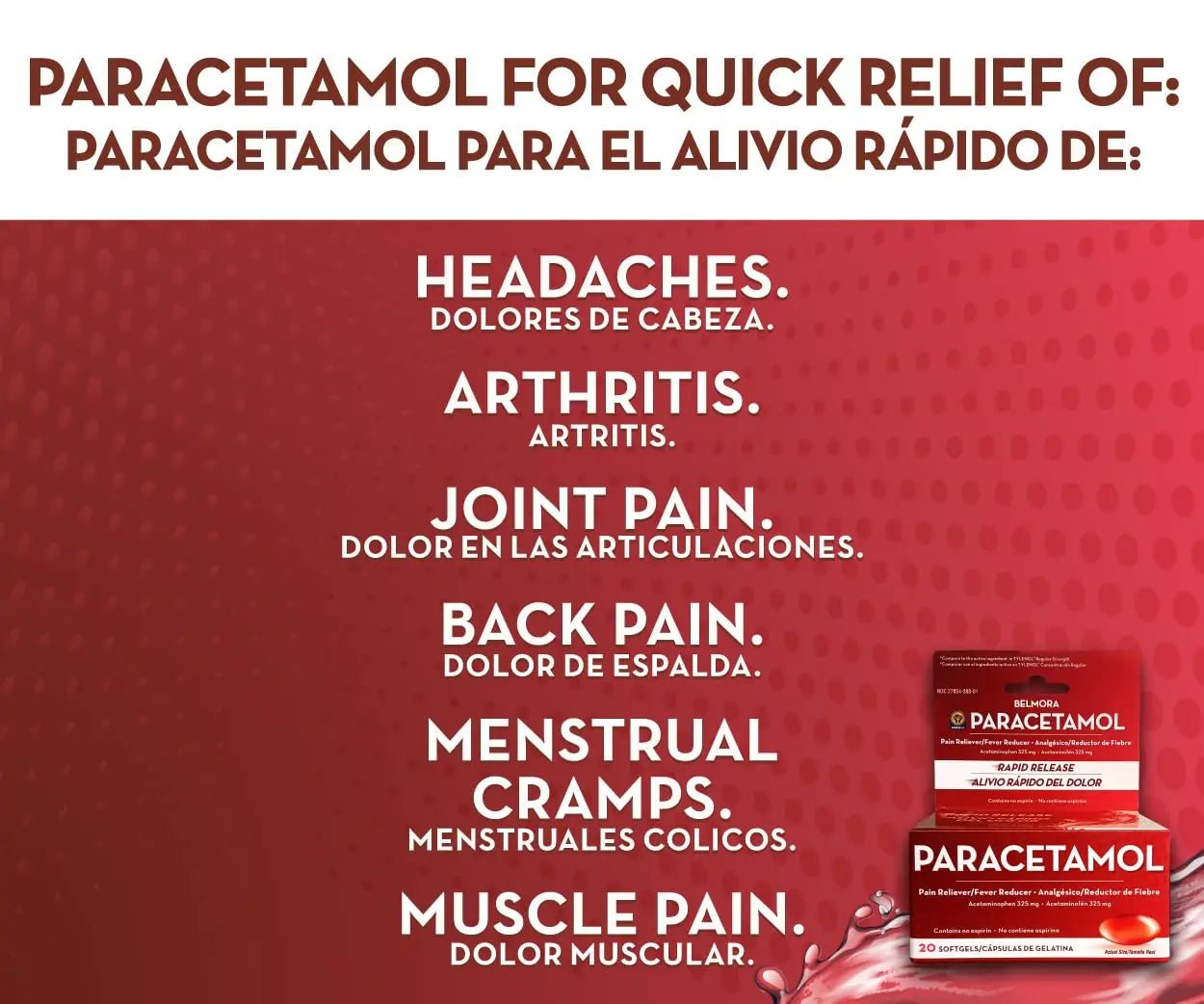 Belmora Paracetamol Acetaminophen 325mg 20 Softgels for Pain Relief, Liquid Filled Capsules for Rapid Release, Fever Reducer for Adults Extra Strength - TrustMedUSA