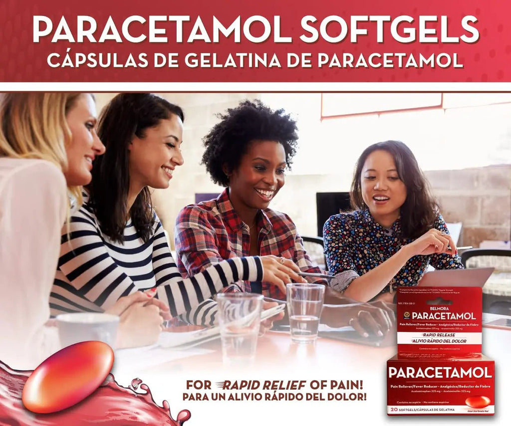 Belmora Paracetamol Acetaminophen 325mg 20 Softgels for Pain Relief, Liquid Filled Capsules for Rapid Release, Fever Reducer for Adults Extra Strength - TrustMedUSA