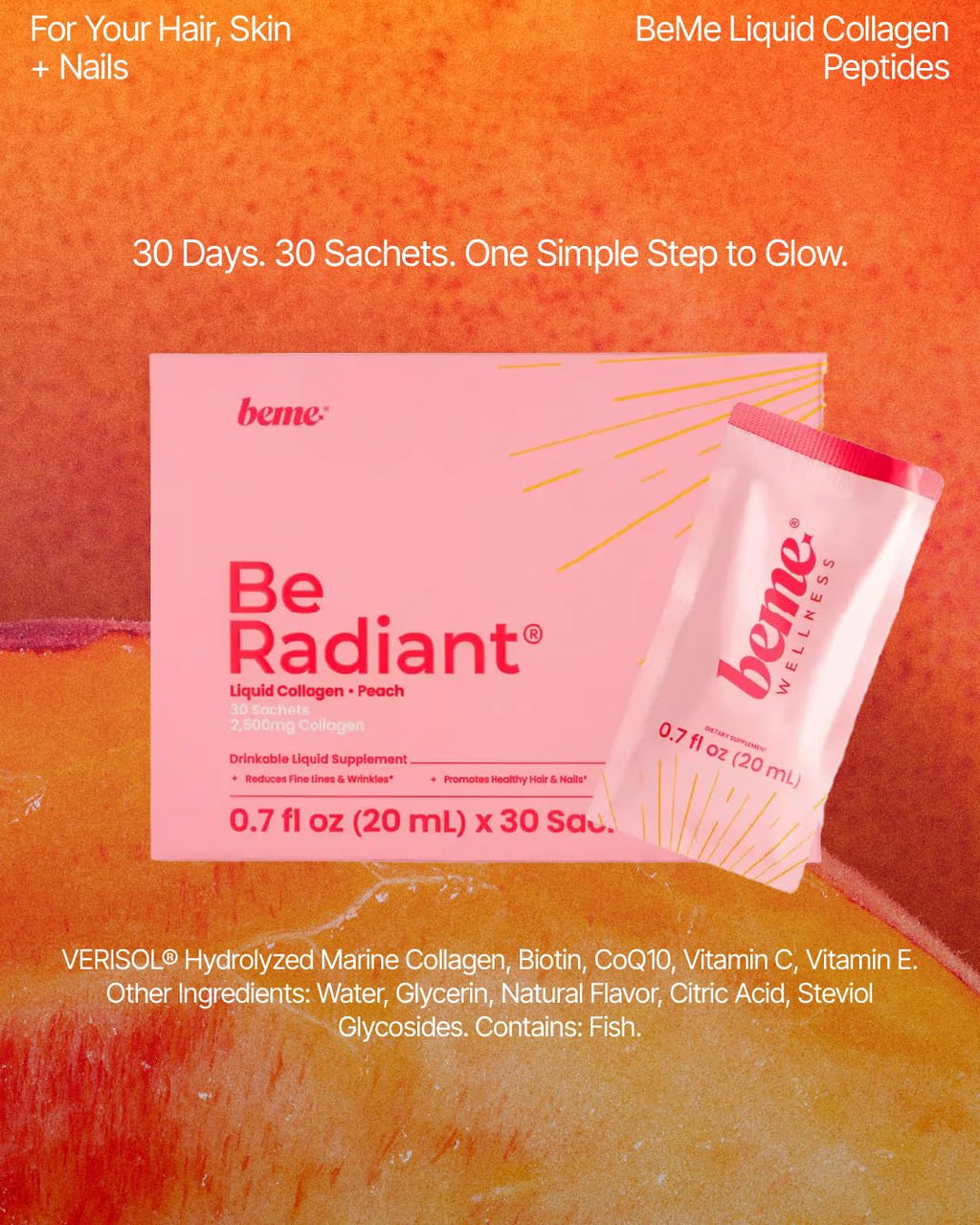BeMe Liquid Collagen for Women - 2500mg Verisol Collagen Liquid with Biotin, CoQ10 & Vitamin C - Clinically Proven Collagen Peptides for Hair, Skin & Nails - 30 Peach Sachets - Maple Wellness Supplements