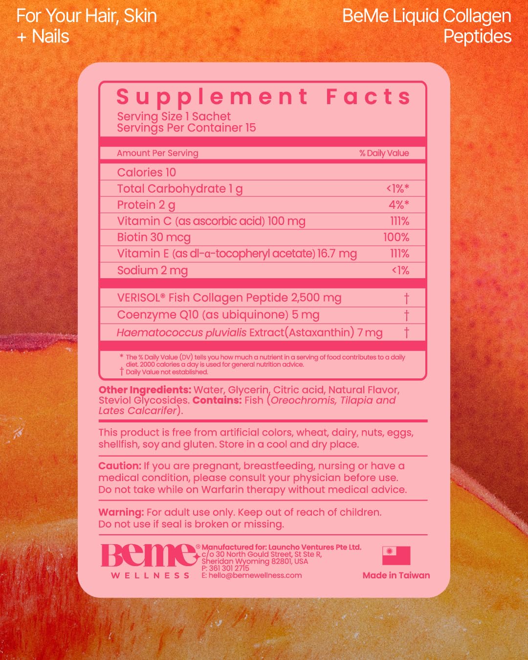 BeMe Liquid Collagen for Women - 2500mg Verisol Collagen Liquid with Biotin, CoQ10 & Vitamin C - Clinically Proven Collagen Peptides for Hair, Skin & Nails - 30 Peach Sachets - Maple Wellness Supplements