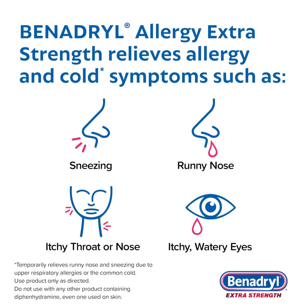 Benadryl Extra Strength Allergy Relief Medicine, 50 mg Diphenhydramine HCl Antihistamine Tablets for Relief of Allergy Symptoms Due to Hay Fever or Other Upper Respiratory Allergies, 24 ct - Maple Wellness Supplements