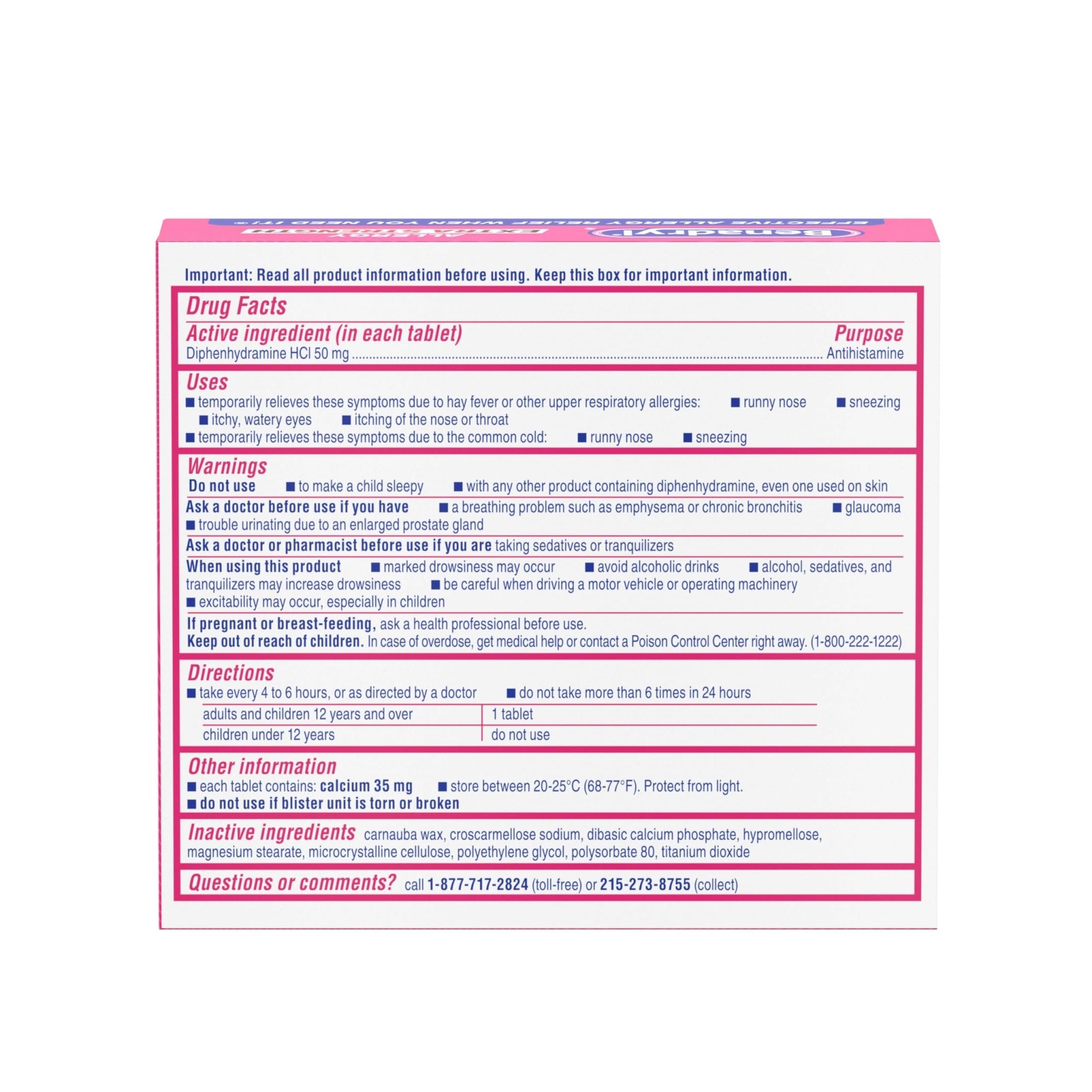 Benadryl Extra Strength Allergy Relief Medicine, 50 mg Diphenhydramine HCl Antihistamine Tablets for Relief of Allergy Symptoms Due to Hay Fever or Other Upper Respiratory Allergies, 24 ct - Maple Wellness Supplements