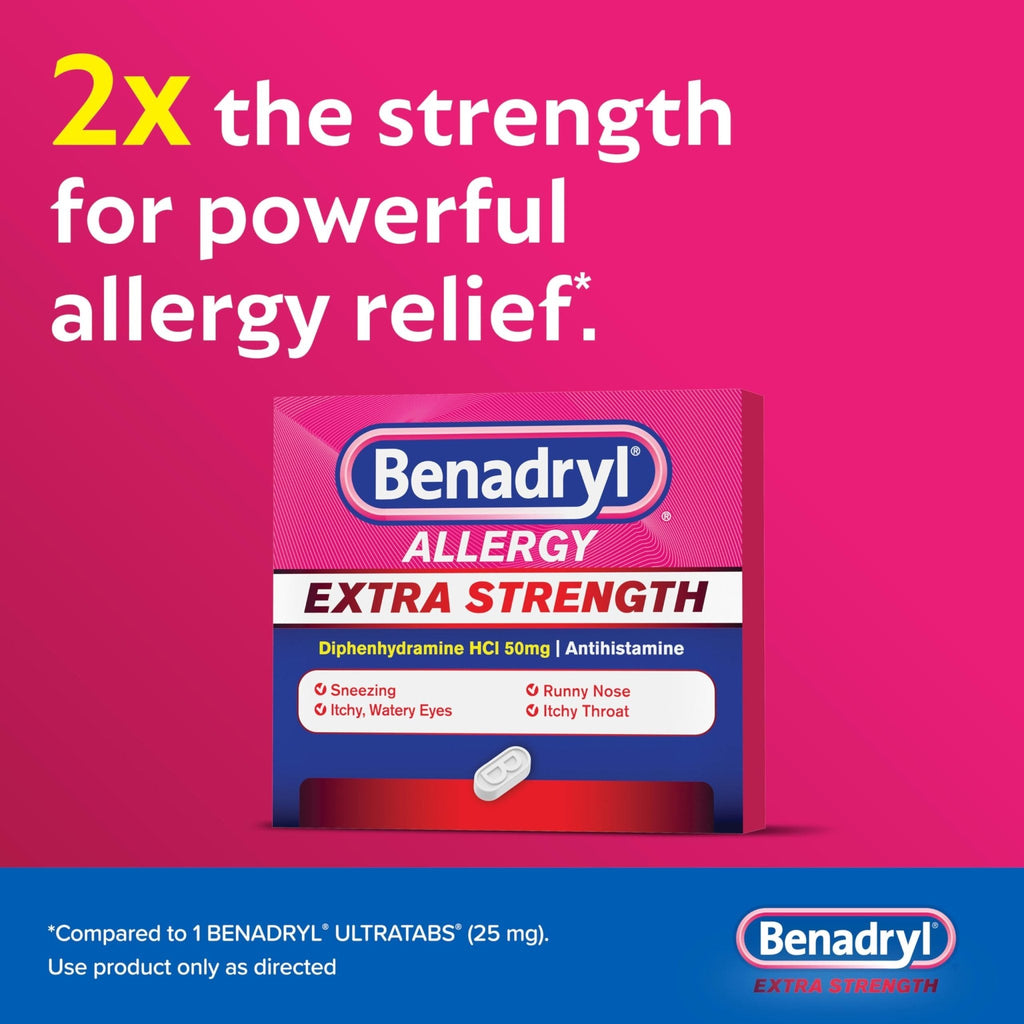 Benadryl Extra Strength Allergy Relief Medicine, 50 mg Diphenhydramine HCl Antihistamine Tablets for Relief of Allergy Symptoms Due to Hay Fever or Other Upper Respiratory Allergies, 24 ct - Maple Wellness Supplements