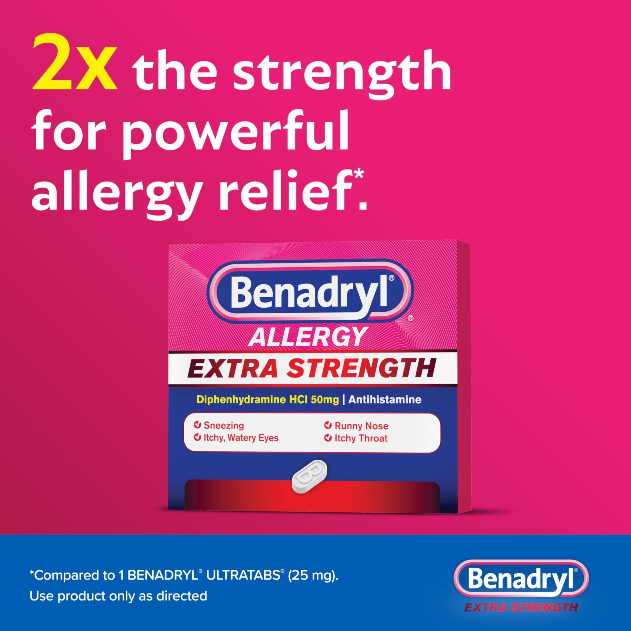 Benadryl Extra Strength Allergy Relief Medicine, 50 mg Diphenhydramine HCl Antihistamine Tablets for Relief of Allergy Symptoms Due to Hay Fever or Other Upper Respiratory Allergies, 24 ct - Maple Wellness Supplements