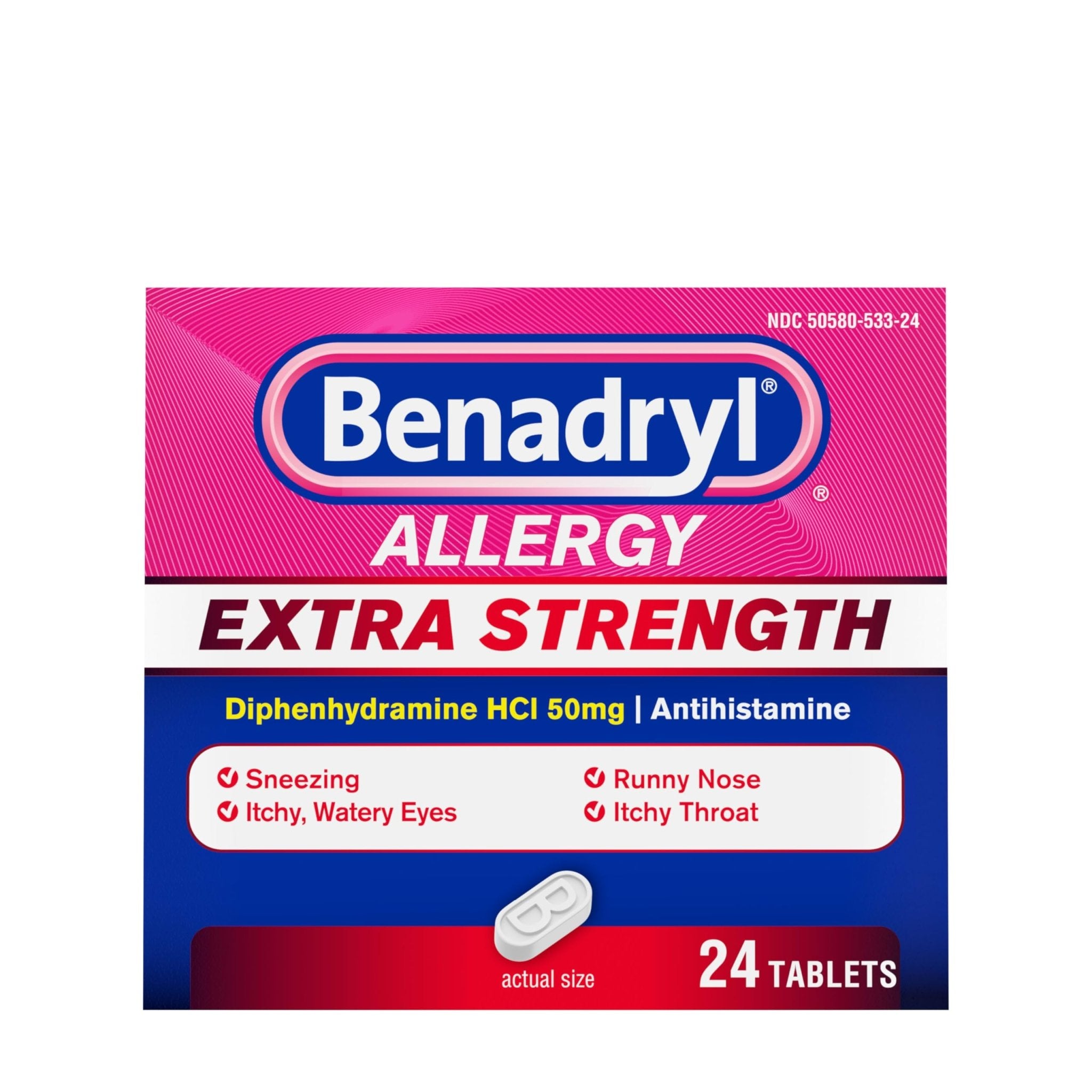 Benadryl Extra Strength Allergy Relief Medicine, 50 mg Diphenhydramine HCl Antihistamine Tablets for Relief of Allergy Symptoms Due to Hay Fever or Other Upper Respiratory Allergies, 24 ct - Maple Wellness Supplements