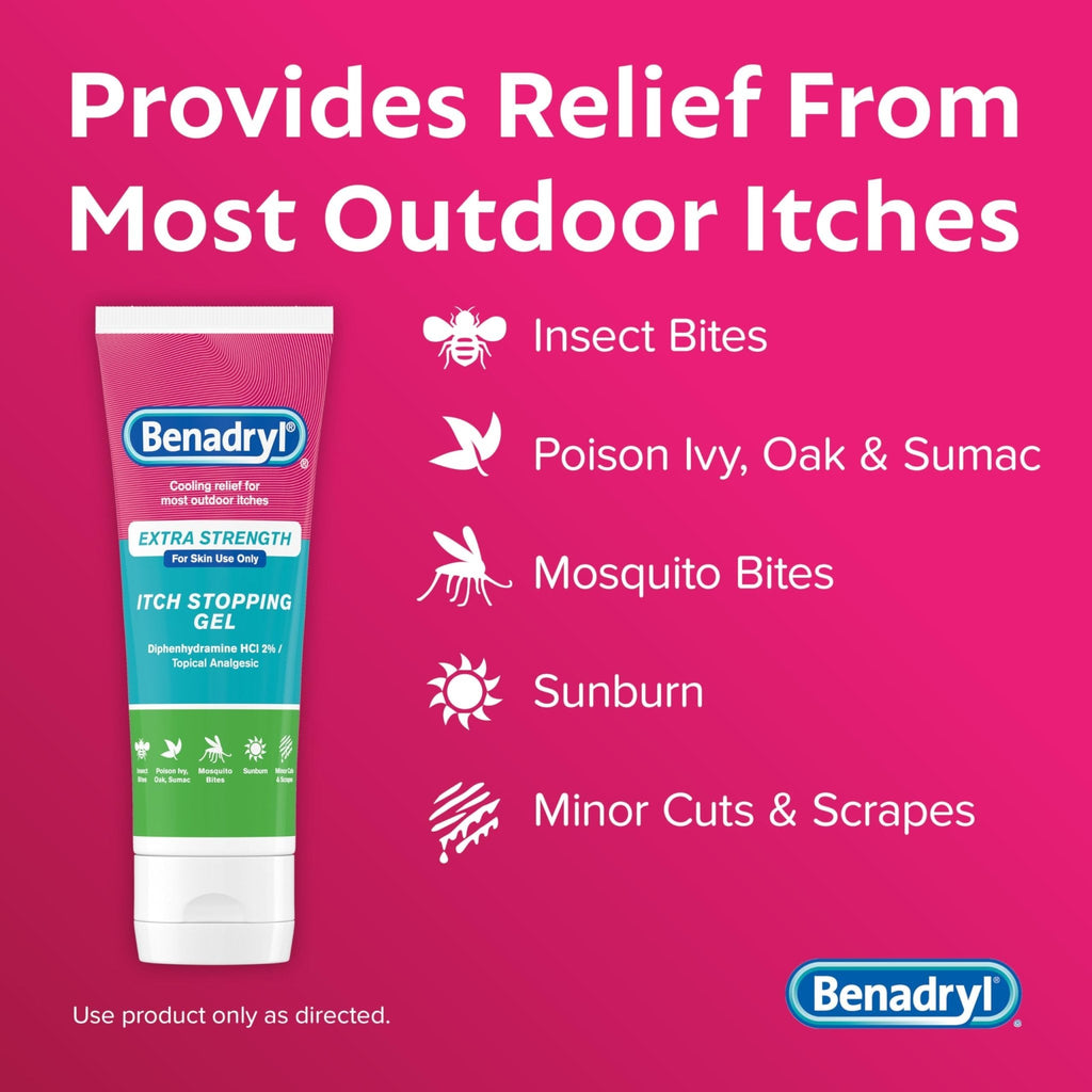 Benadryl Extra Strength Anti Itch Relief Gel, 2% Diphenhydramine HCl, Relief from Insect Bites, Sunburn & More, Great for Camping Essentials, 3.5 fl oz - Maple Wellness Supplements