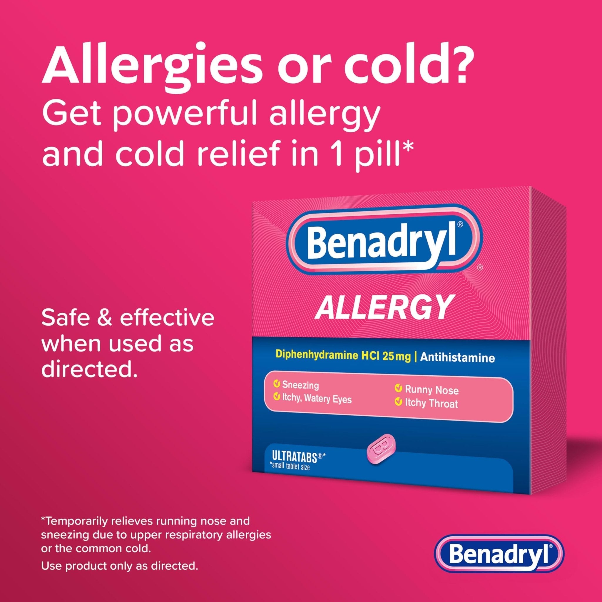 Benadryl Ultratabs Allergy Medicine, 25 mg Diphenhydramine HCl Antihistamine Tablets For Cold & Allergy Relief of Symptoms Like Sneezing, Runny Nose, Itchy Eyes & Throat, Hay Fever, 100 Count Tablets - Maple Wellness Supplements