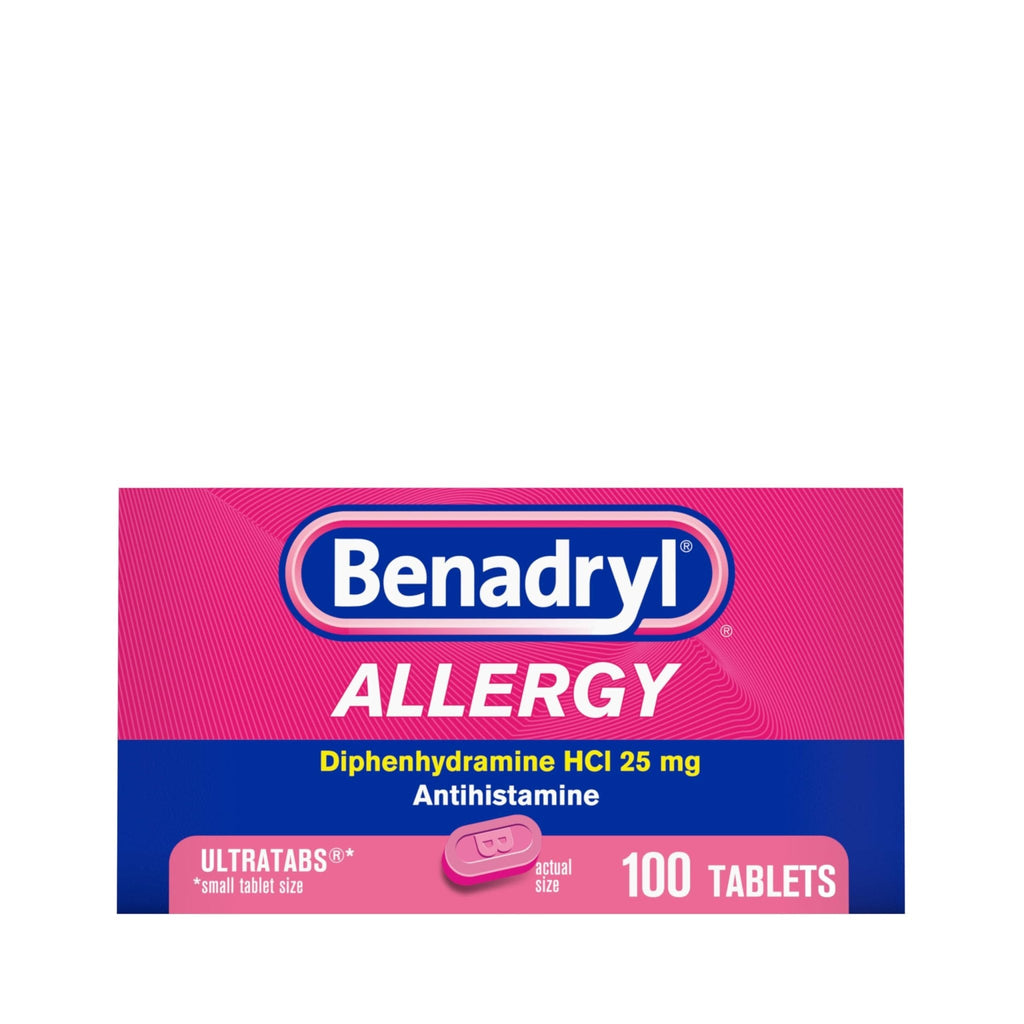 Benadryl Ultratabs Allergy Medicine, 25 mg Diphenhydramine HCl Antihistamine Tablets For Cold & Allergy Relief of Symptoms Like Sneezing, Runny Nose, Itchy Eyes & Throat, Hay Fever, 100 Count Tablets - Maple Wellness Supplements