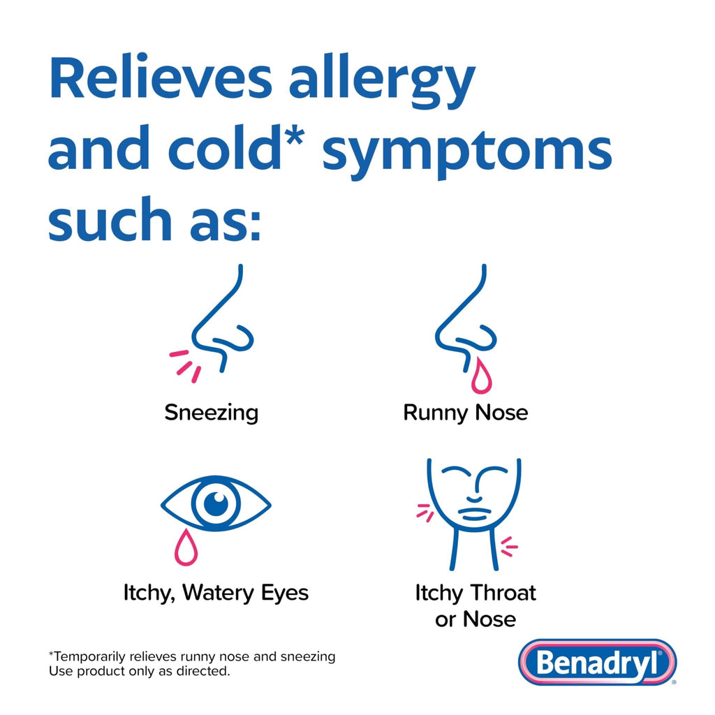 Benadryl Ultratabs Allergy Medicine, 25 mg Diphenhydramine HCl Antihistamine Tablets For Cold & Allergy Relief of Symptoms Like Sneezing, Runny Nose, Itchy Eyes & Throat, Hay Fever, 100 Count Tablets - Maple Wellness Supplements