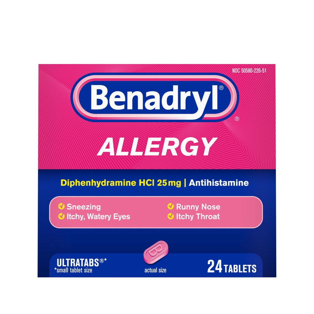 Benadryl Ultratabs Allergy Relief Medicine, 25 mg Diphenhydramine HCl Antihistamine Tablets For Relief of Cold & Allergy Symptoms Like Sneezing, Runny Nose, & Itchy Eyes & Throat, 24 ct - Maple Wellness Supplements