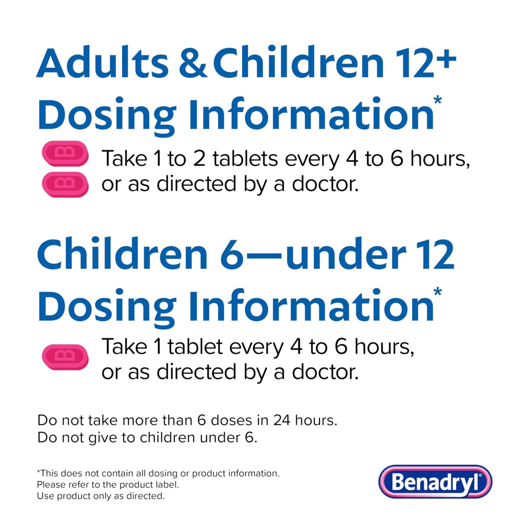 Benadryl Ultratabs Allergy Relief Medicine, 25 mg Diphenhydramine HCl Antihistamine Tablets For Relief of Cold & Allergy Symptoms Like Sneezing, Runny Nose, & Itchy Eyes & Throat, 24 ct - Maple Wellness Supplements