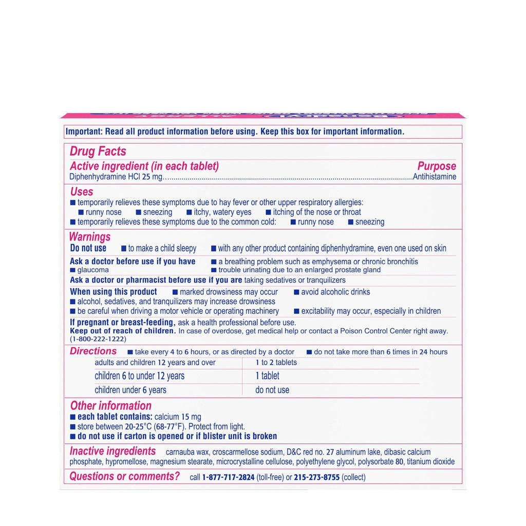 Benadryl Ultratabs Allergy Relief Medicine, 25 mg Diphenhydramine HCl Antihistamine Tablets For Relief of Cold & Allergy Symptoms Like Sneezing, Runny Nose, & Itchy Eyes & Throat, 24 ct - Maple Wellness Supplements