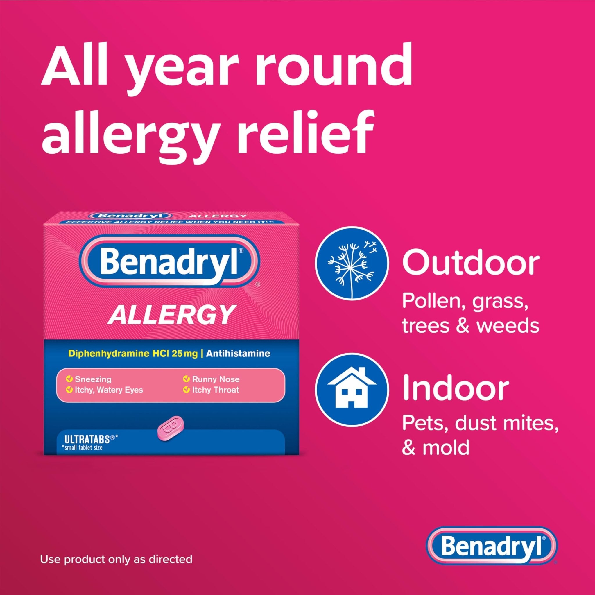 Benadryl Ultratabs Allergy Relief Medicine, 25 mg Diphenhydramine HCl Antihistamine Tablets For Relief of Cold & Allergy Symptoms Like Sneezing, Runny Nose, & Itchy Eyes & Throat, 24 ct - Maple Wellness Supplements