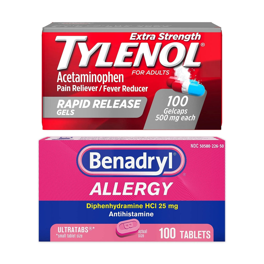 Benadryl Ultratabs Antihistamine Allergy Relief Tablets with 25 mg Diphenhydramine HCl, 100 ct and Tylenol Extra Strength Pain Reliever Rapid Release Gels with 500 mg Acetaminophen, 100 ct - TrustMedUSA