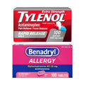 Benadryl Ultratabs Antihistamine Allergy Relief Tablets with 25 mg Diphenhydramine HCl, 100 ct and Tylenol Extra Strength Pain Reliever Rapid Release Gels with 500 mg Acetaminophen, 100 ct - TrustMedUSA