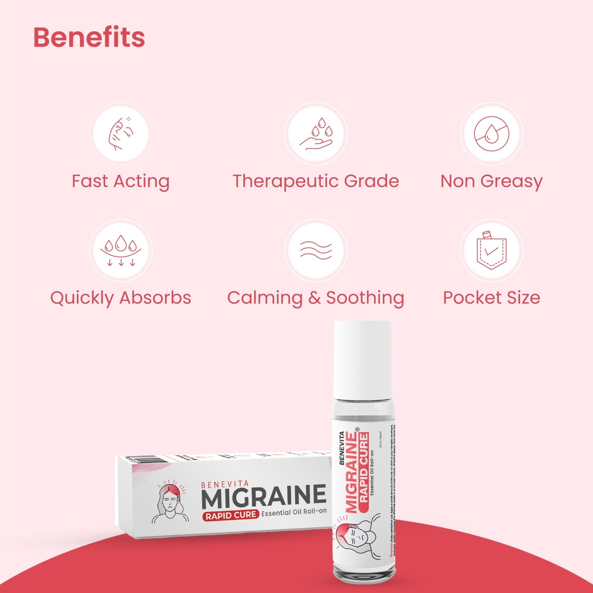 Benevita Migraine Relief Stick Roll-On – Organic, Natural, Cruelty-Free Headache Relief Roll-On – Peppermint, Spearmint, & Lavender Essential Oil Roller for Tension & Stress - TrustMedUSA