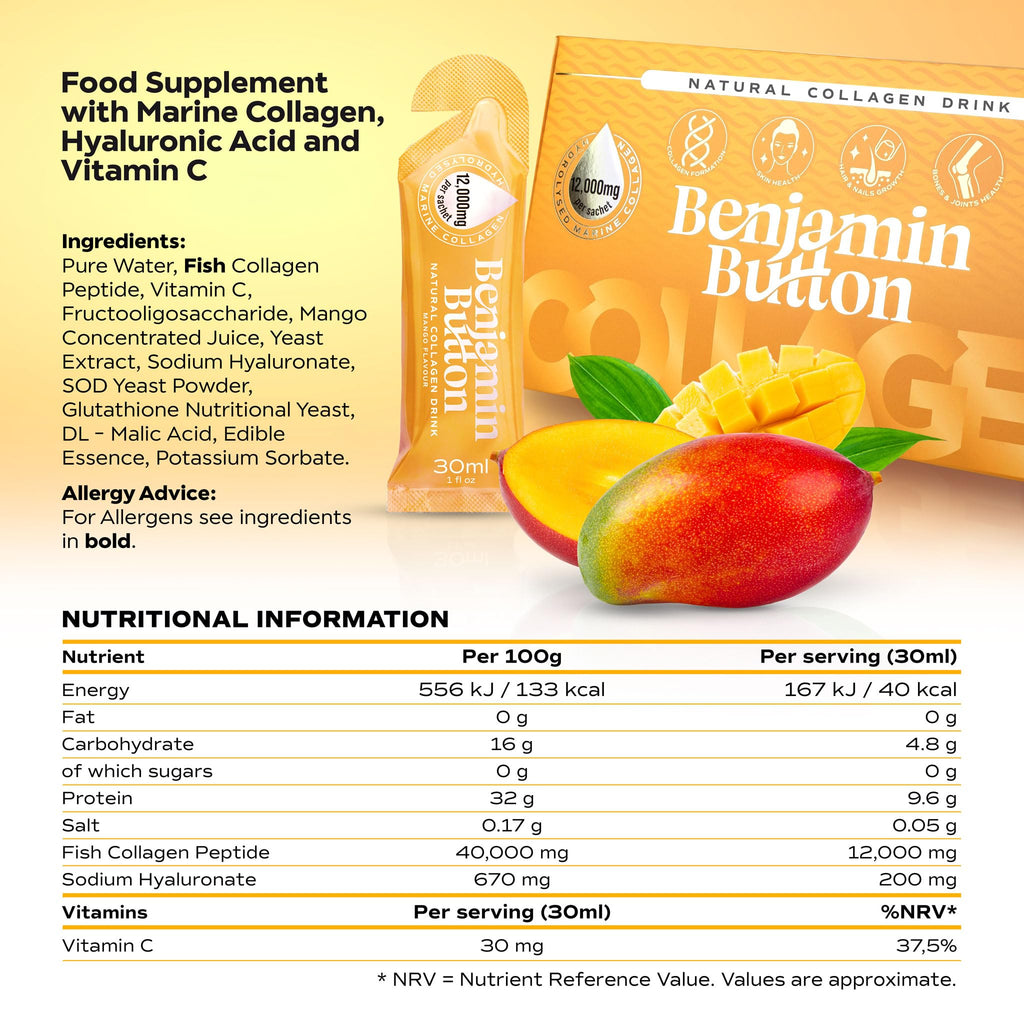 Benjamin Button 12,000mg Marine Collagen Liquid Shots| High Strength Hydrolyzed Marine Collagen Peptides w/Hyaluronic Acid & Vitamin C for Skin, Hair & Joints | Mango, 14 Daily Servings 30ml - Maple Wellness Supplements