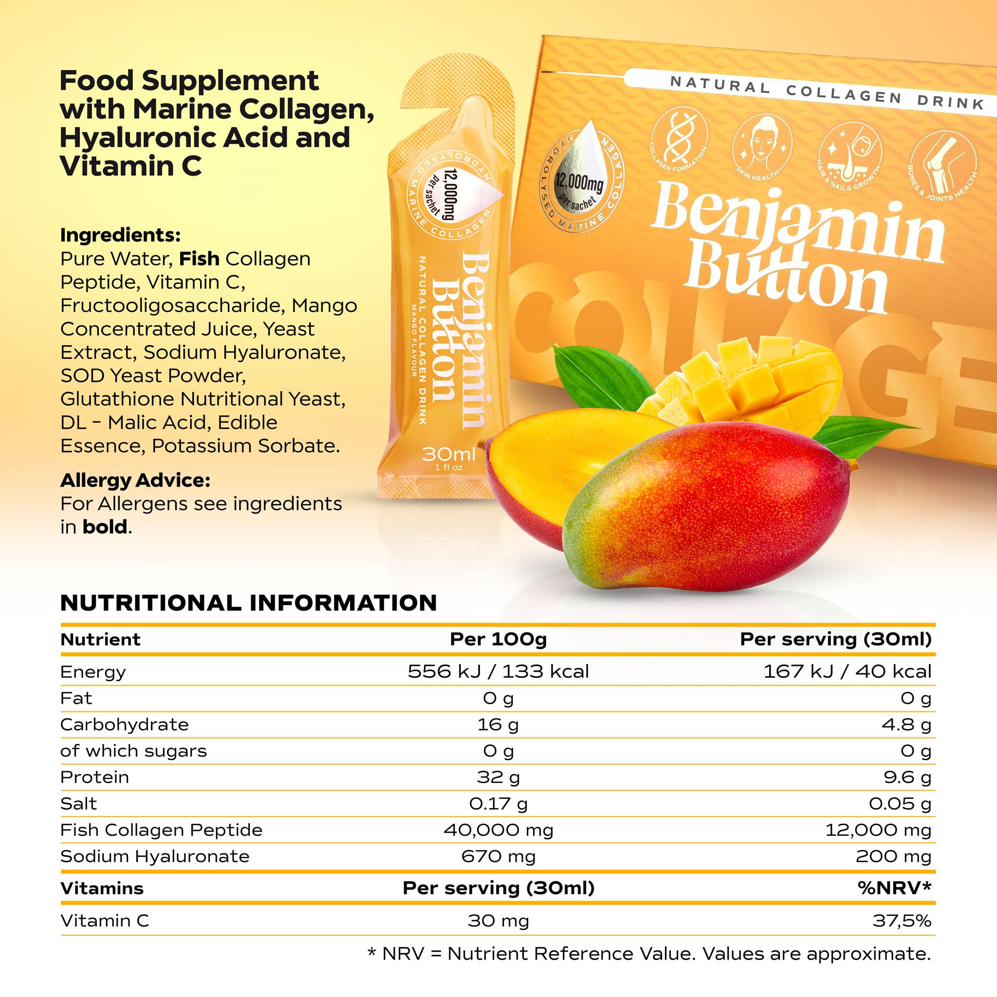 Benjamin Button 12,000mg Marine Collagen Liquid Shots| High Strength Hydrolyzed Marine Collagen Peptides w/Hyaluronic Acid & Vitamin C for Skin, Hair & Joints | Mango, 14 Daily Servings 30ml - Maple Wellness Supplements