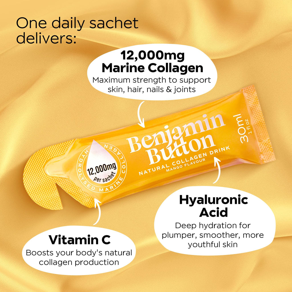 Benjamin Button 12,000mg Marine Collagen Liquid Shots| High Strength Hydrolyzed Marine Collagen Peptides w/Hyaluronic Acid & Vitamin C for Skin, Hair & Joints | Mango, 14 Daily Servings 30ml - Maple Wellness Supplements