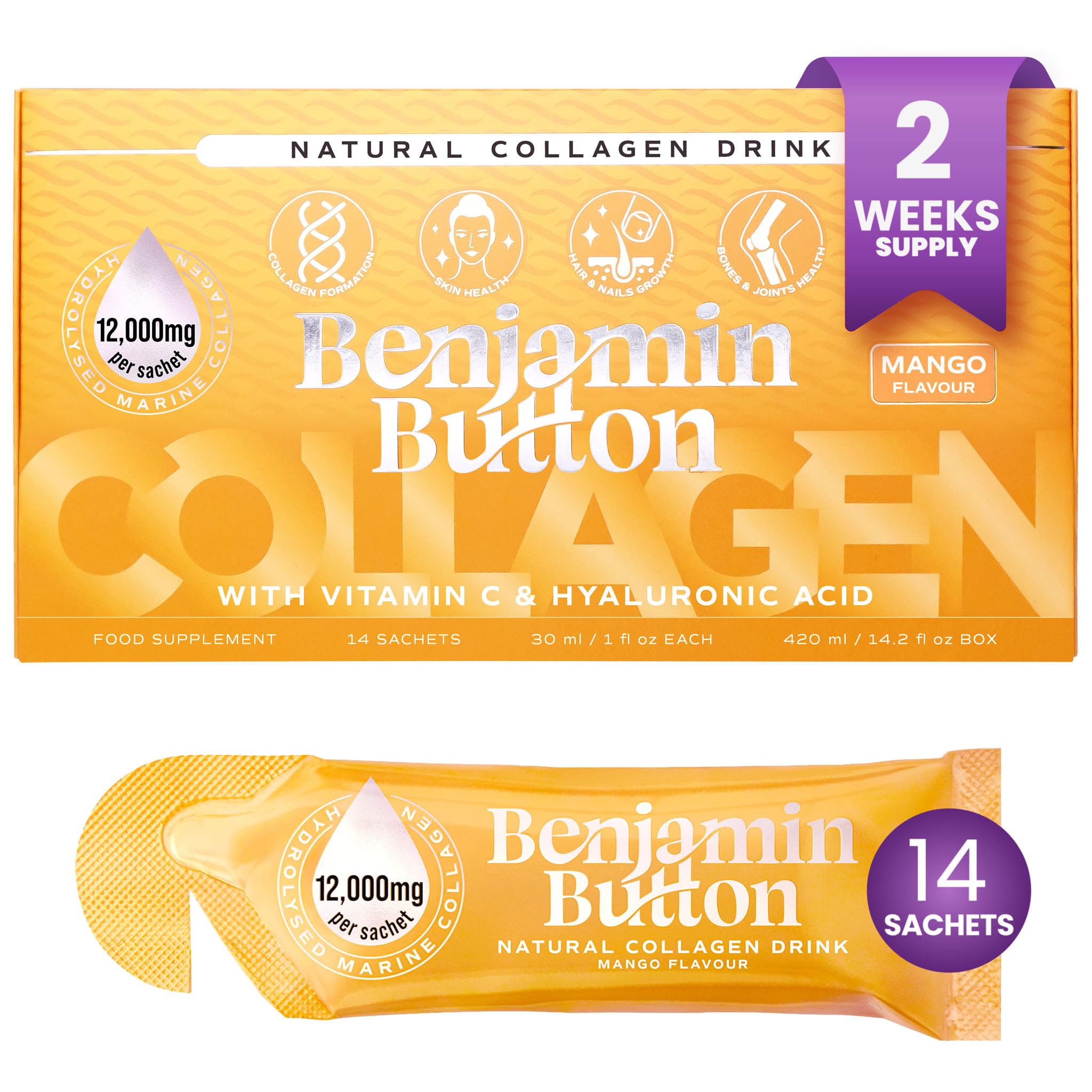 Benjamin Button 12,000mg Marine Collagen Liquid Shots| High Strength Hydrolyzed Marine Collagen Peptides w/Hyaluronic Acid & Vitamin C for Skin, Hair & Joints | Mango, 14 Daily Servings 30ml - Maple Wellness Supplements