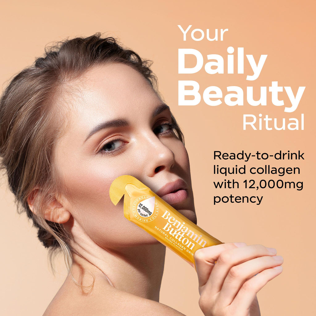 Benjamin Button 12,000mg Marine Collagen Liquid Shots| High Strength Hydrolyzed Marine Collagen Peptides w/Hyaluronic Acid & Vitamin C for Skin, Hair & Joints | Mango, 14 Daily Servings 30ml - Maple Wellness Supplements
