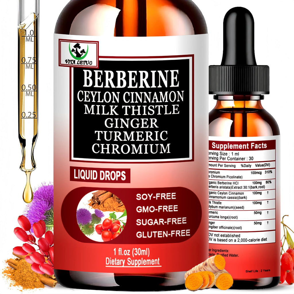 Berberine Drops, High Absorption 6-in-1 Liquid Berberine Supplement with Ceylon Cinnamon Milk Thistle Turmeric, Premium Berberine HCl for Immune Function Metabolic & Digestive Support, 30 Servings - TrustMedUSA
