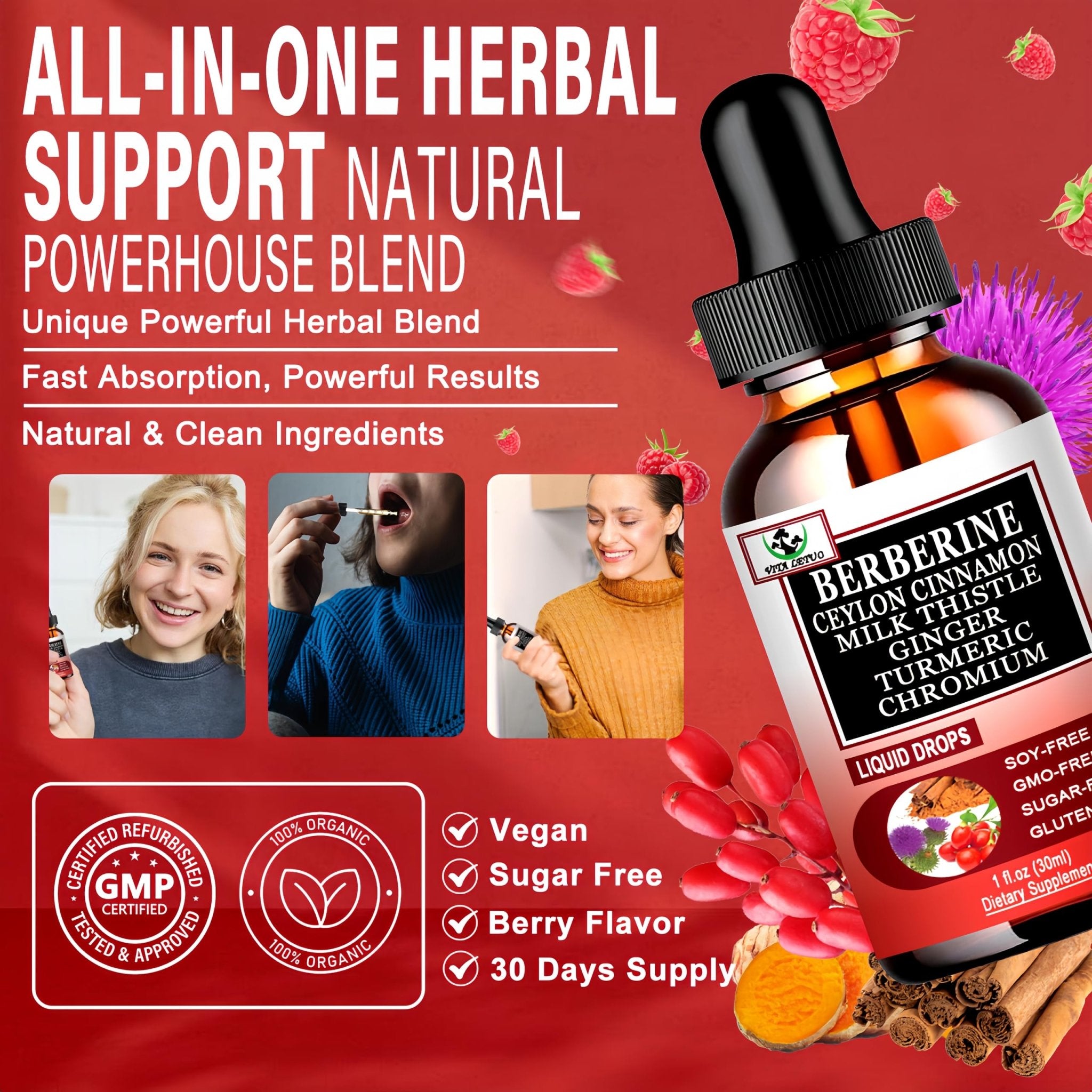 Berberine Drops, High Absorption 6-in-1 Liquid Berberine Supplement with Ceylon Cinnamon Milk Thistle Turmeric, Premium Berberine HCl for Immune Function Metabolic & Digestive Support, 30 Servings - TrustMedUSA