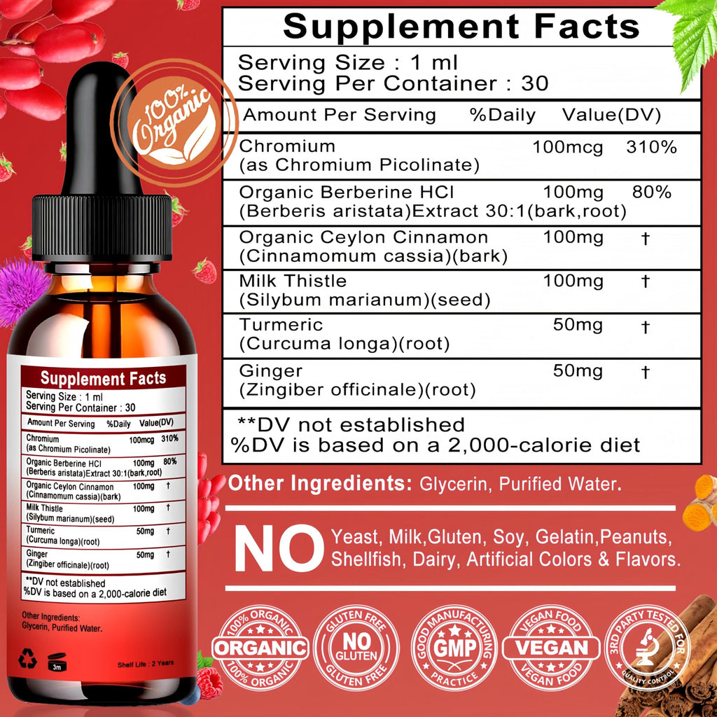 Berberine Drops, High Absorption 6-in-1 Liquid Berberine Supplement with Ceylon Cinnamon Milk Thistle Turmeric, Premium Berberine HCl for Immune Function Metabolic & Digestive Support, 30 Servings - TrustMedUSA