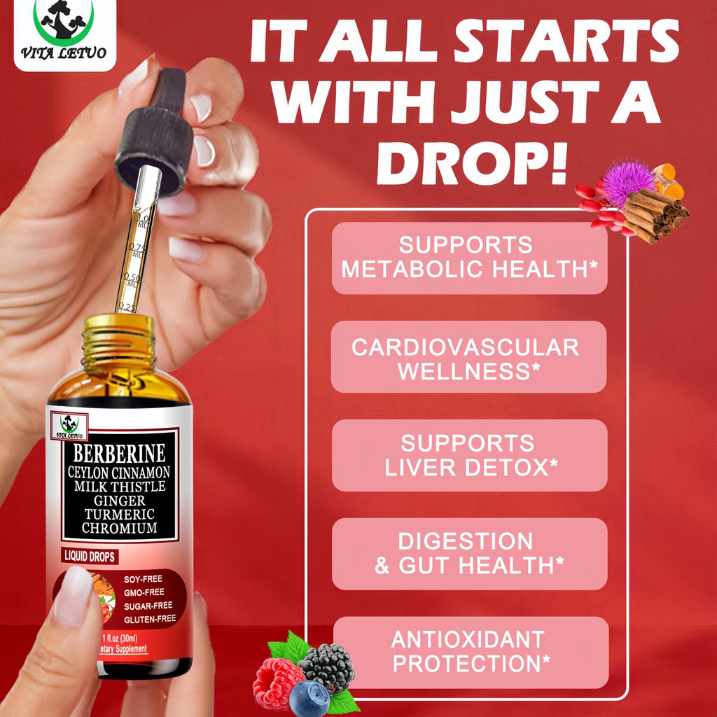 Berberine Drops, High Absorption 6-in-1 Liquid Berberine Supplement with Ceylon Cinnamon Milk Thistle Turmeric, Premium Berberine HCl for Immune Function Metabolic & Digestive Support, 30 Servings - TrustMedUSA