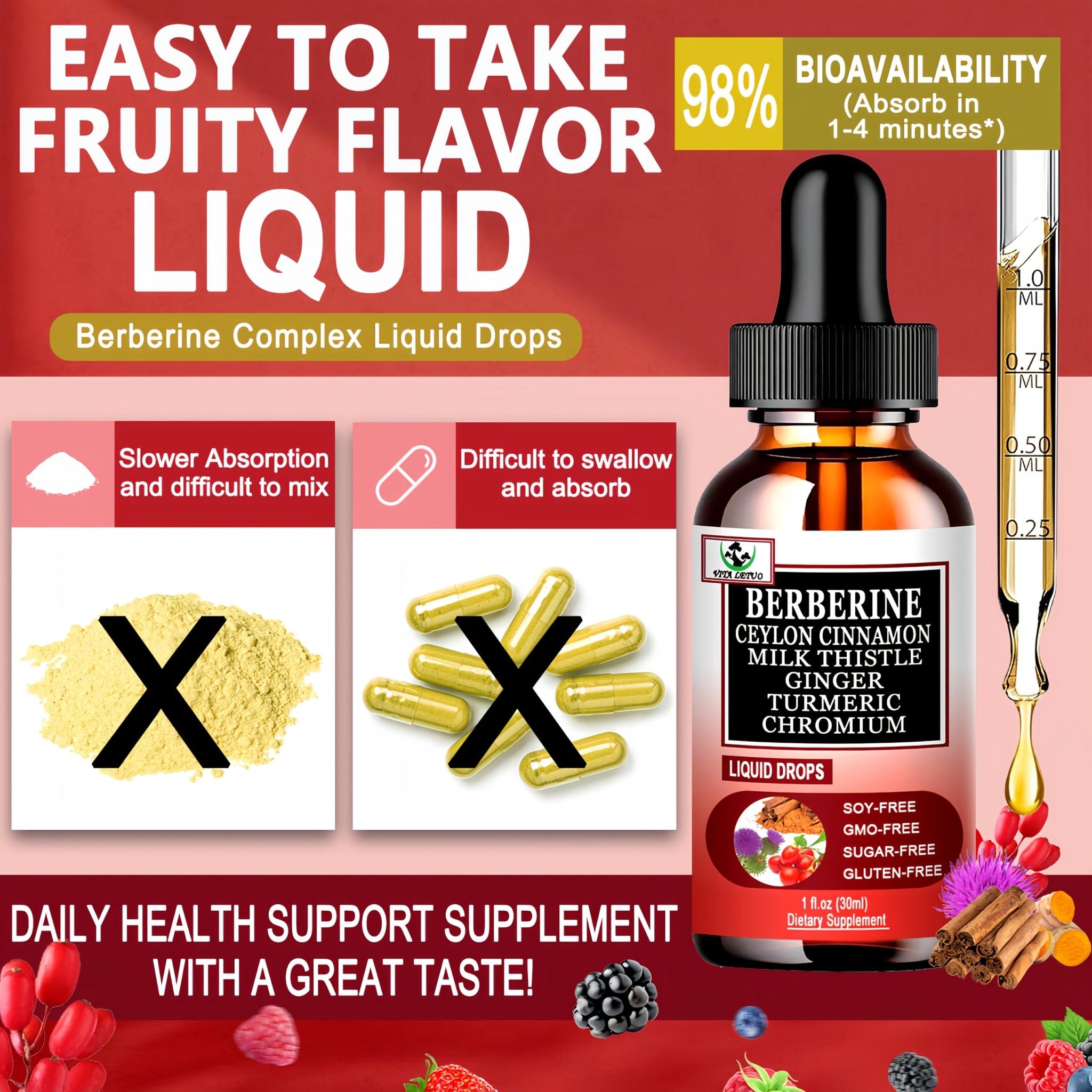 Berberine Drops, High Absorption 6-in-1 Liquid Berberine Supplement with Ceylon Cinnamon Milk Thistle Turmeric, Premium Berberine HCl for Immune Function Metabolic & Digestive Support, 30 Servings - TrustMedUSA