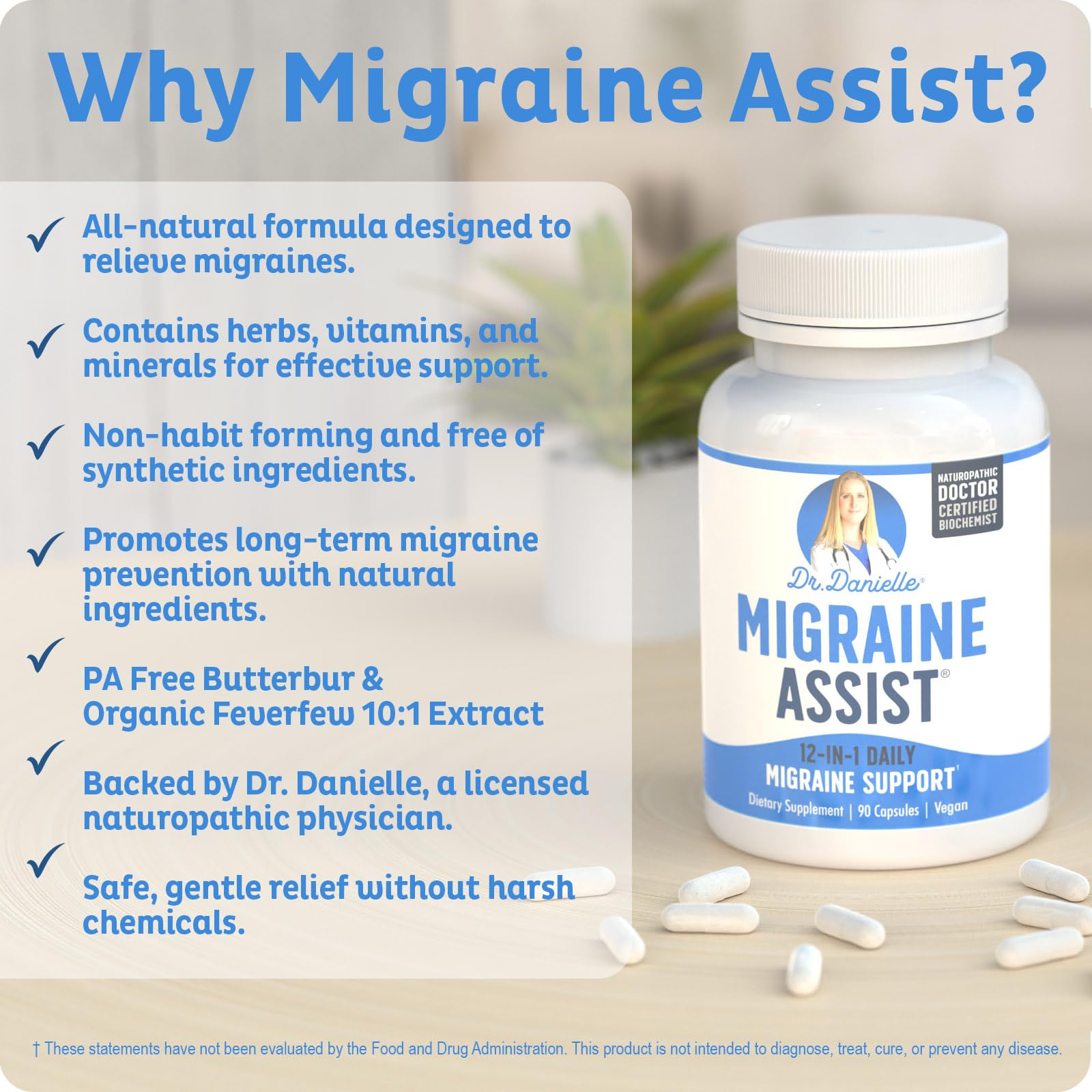 Best Migraine Relief Product with Magnesium - Migraine Assist Supplement with Quercetin, Feverfew, Butterbur, CoQ10 from Dr. Danielle, 90 Capsules - TrustMedUSA