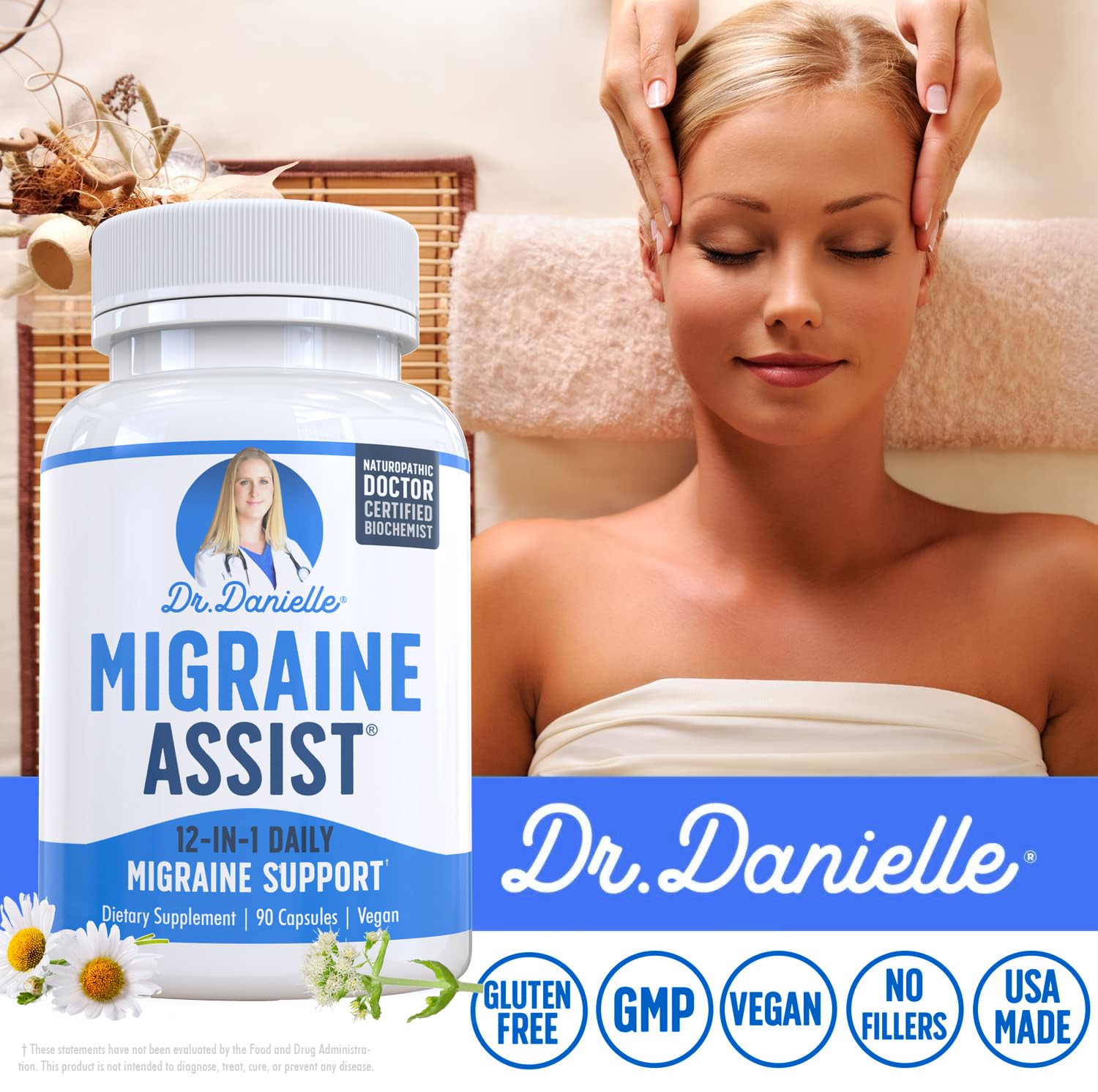 Best Migraine Relief Product with Magnesium - Migraine Assist Supplement with Quercetin, Feverfew, Butterbur, CoQ10 from Dr. Danielle, 90 Capsules - TrustMedUSA