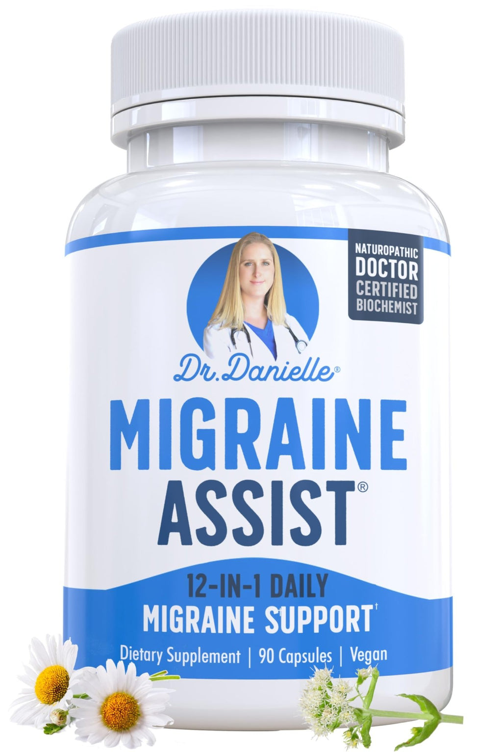 Best Migraine Relief Product with Magnesium - Migraine Assist Supplement with Quercetin, Feverfew, Butterbur, CoQ10 from Dr. Danielle, 90 Capsules - TrustMedUSA