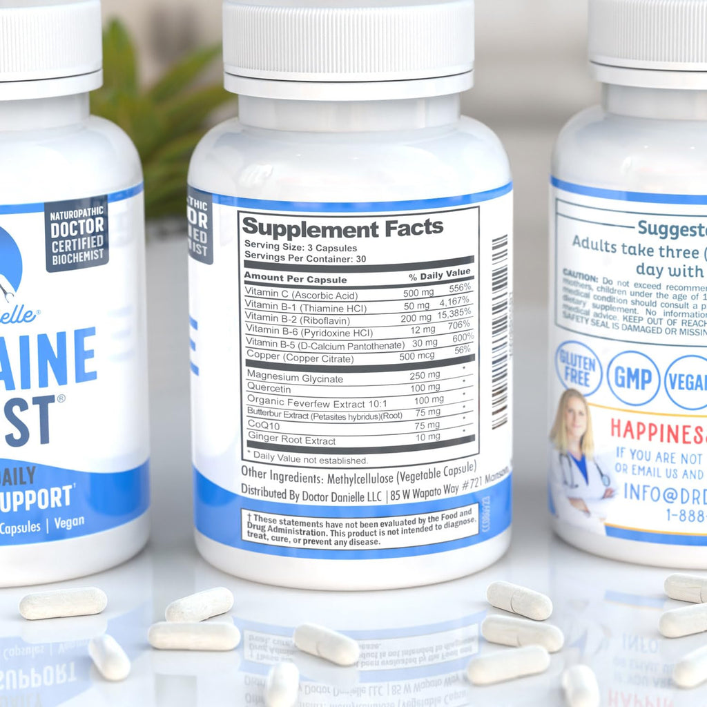 Best Migraine Relief Product with Magnesium - Migraine Assist Supplement with Quercetin, Feverfew, Butterbur, CoQ10 from Dr. Danielle, 90 Capsules - TrustMedUSA