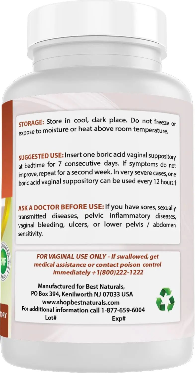 Best Naturals Boric Acid Vaginal Suppositories - Made in USA - USP Medical Grade Fine Powder, Easy Dissolve, Third Party Tested - 60 Count - TrustMedUSA