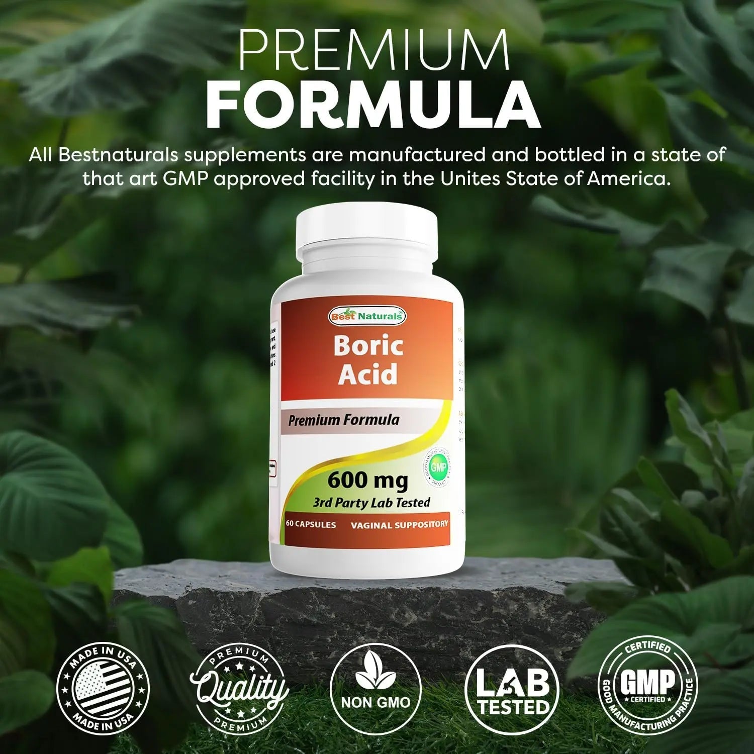 Best Naturals Boric Acid Vaginal Suppositories - Made in USA - USP Medical Grade Fine Powder, Easy Dissolve, Third Party Tested - 60 Count - TrustMedUSA